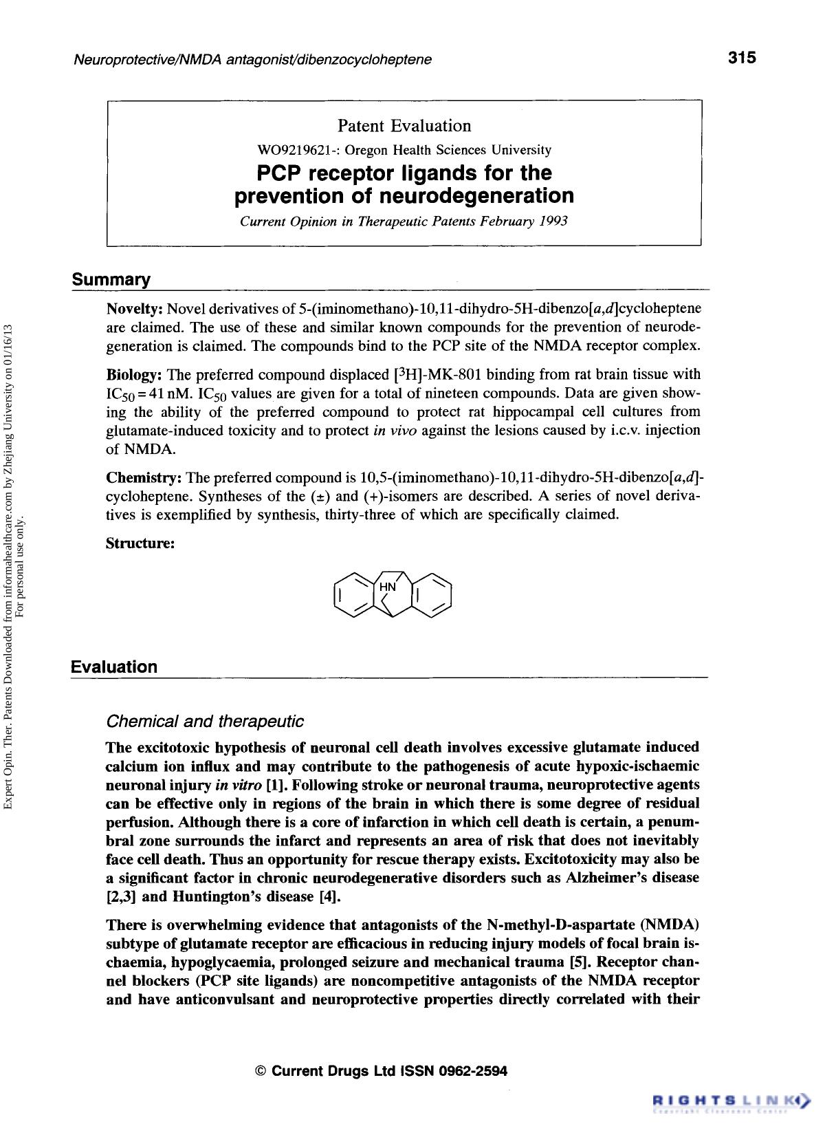 Patent Evaluation: PCP receptor ligands for the prevention of neurodegeneration by Unknown