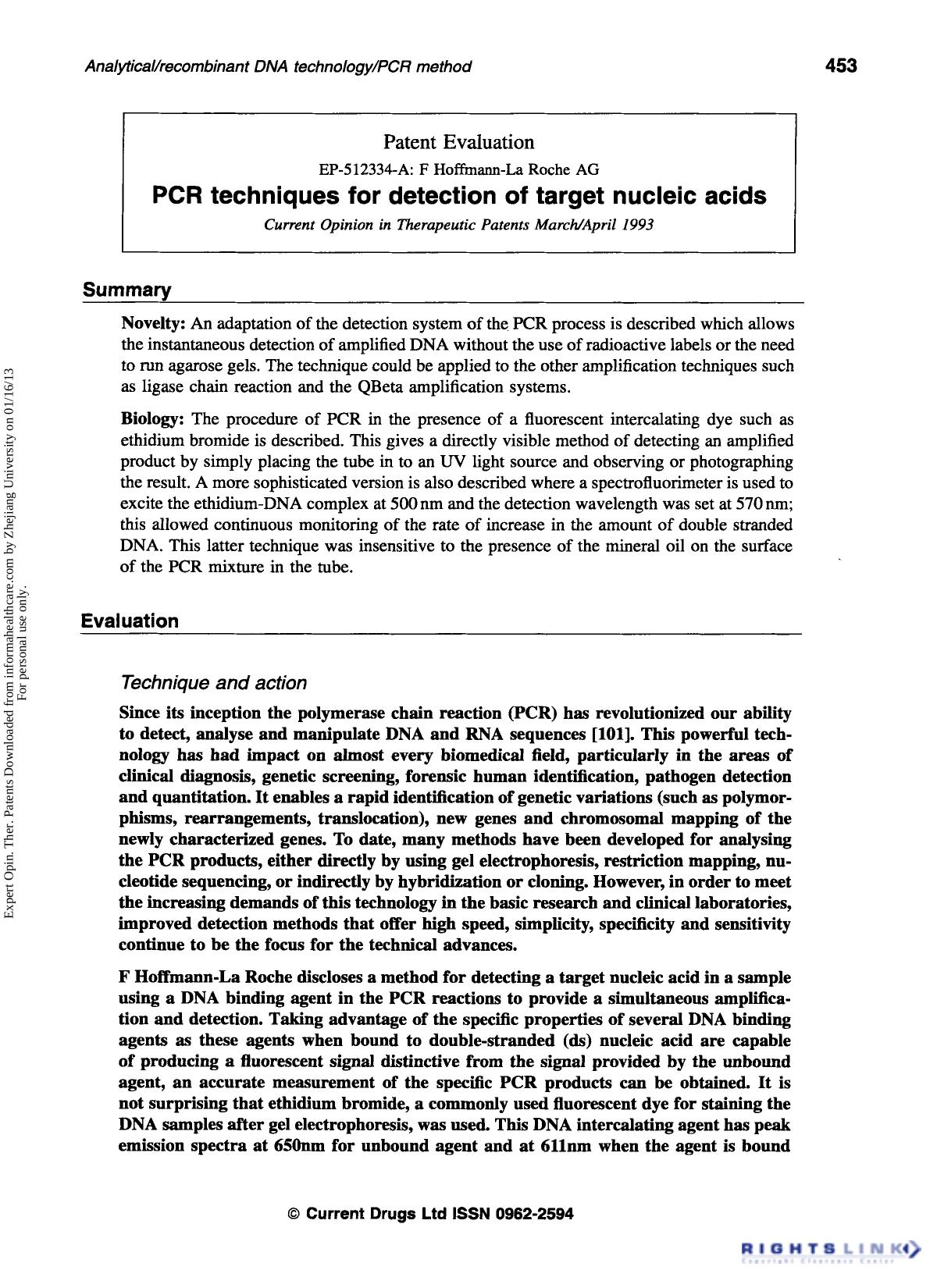 Patent Evaluation: PCR techniques for detection of target nucleic acids by Unknown