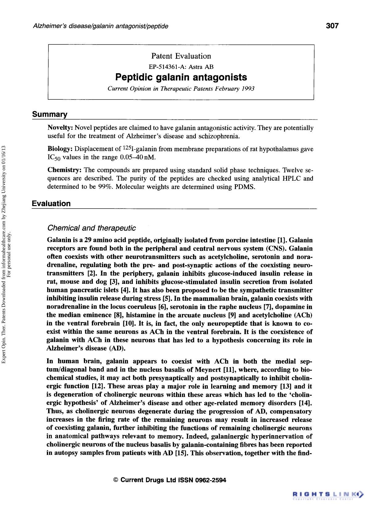 Patent Evaluation: Peptidic galanin antagonists by Unknown