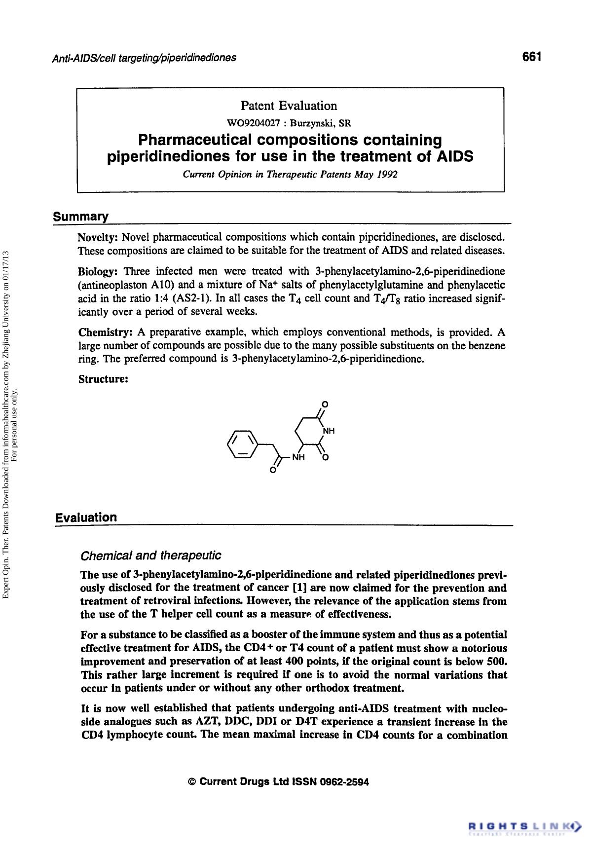 Patent Evaluation: Pharmaceutical Compositions Containing Piperidinediones for use in the Treatment of AIDS by Unknown