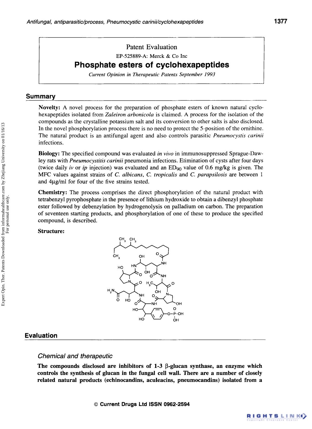Patent Evaluation: Phosphate esters of cyclohexapeptides by Unknown