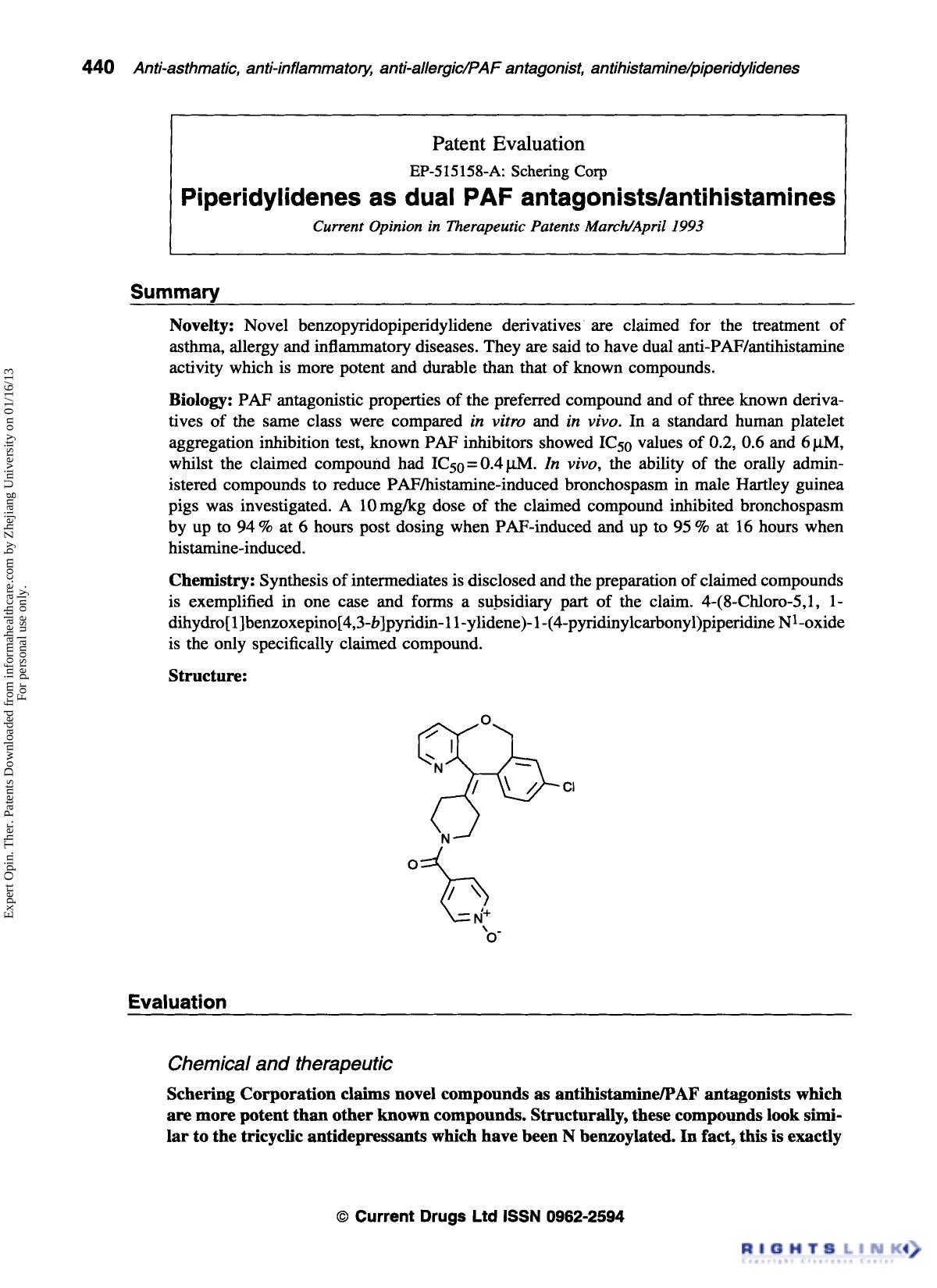 Patent Evaluation: Piperidylidenes as dual PAF antagonistsantihistamines by Unknown