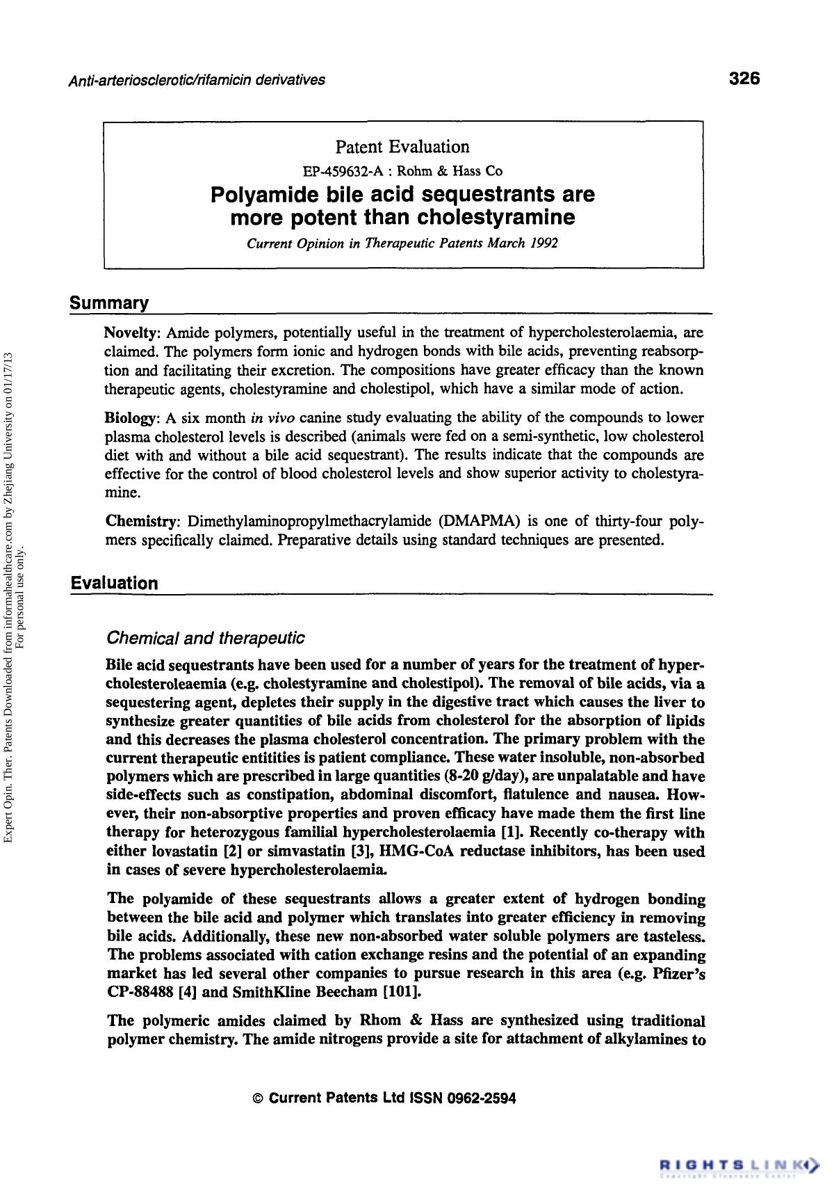 Patent Evaluation: Polyamide bile acid sequestrants are more potent than cholestyramine by Unknown
