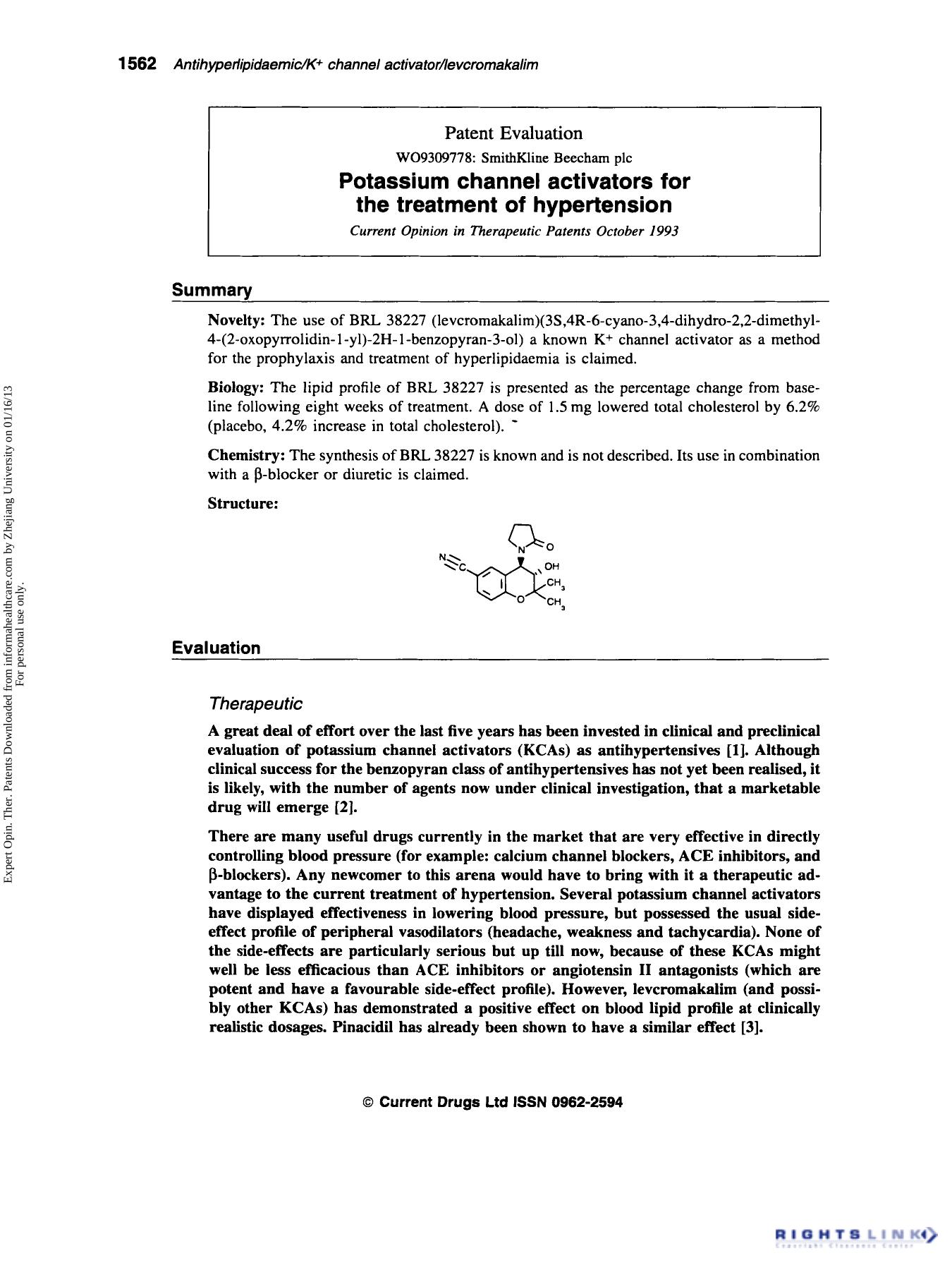 Patent Evaluation: Potassium channel activators for the treatment of hypertension by Unknown