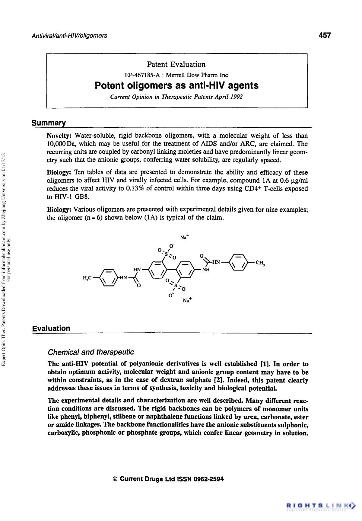 Patent Evaluation: Potent Oligomers as anti-HIV Agents by Unknown