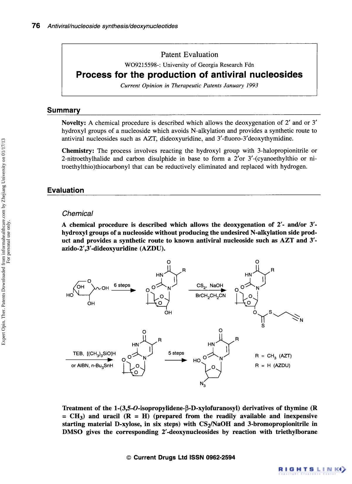 Patent Evaluation: Process for the production of antiviral nucleosides by Unknown