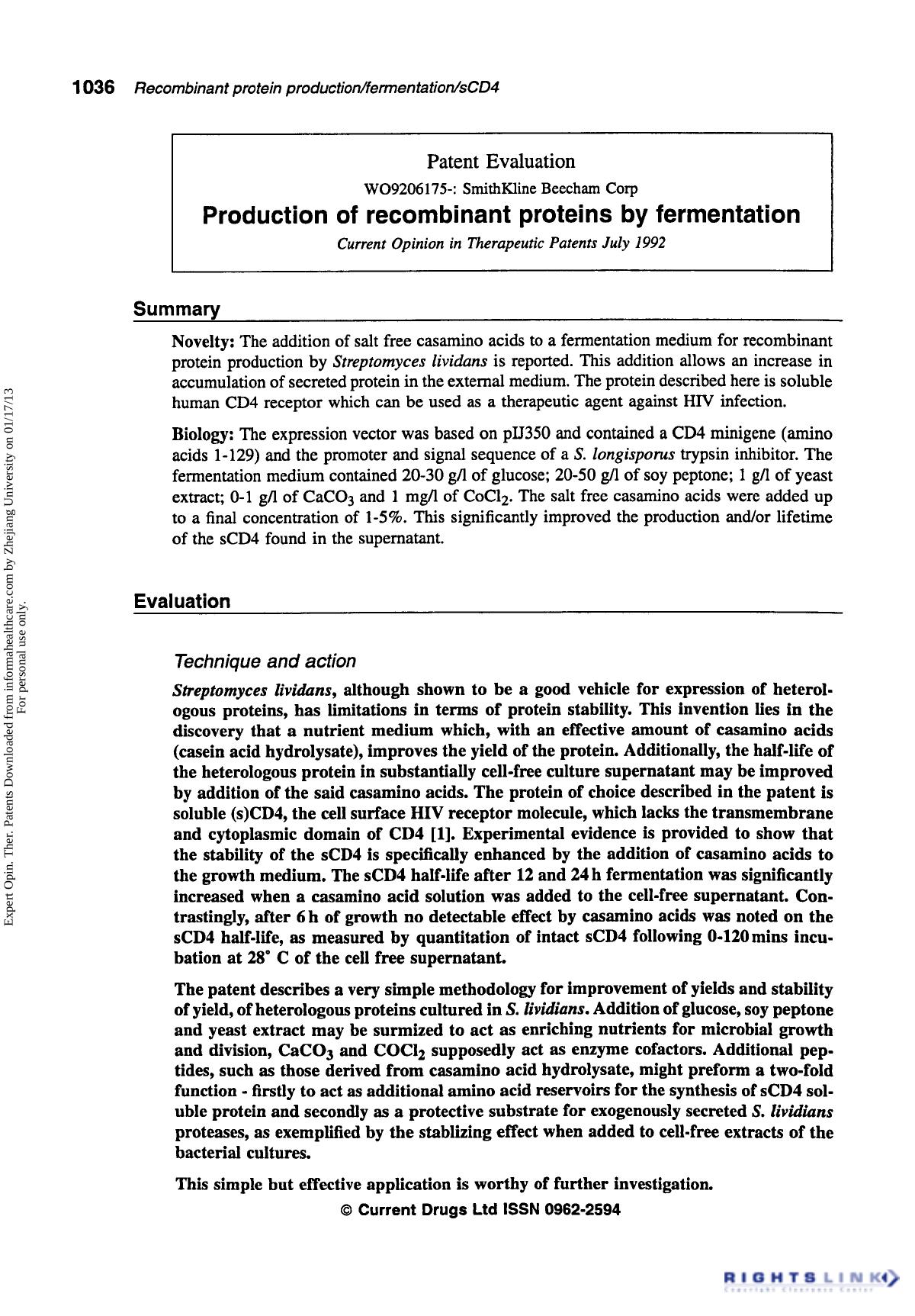 Patent Evaluation: Production of Recombinant Proteins by Fermentation by Unknown