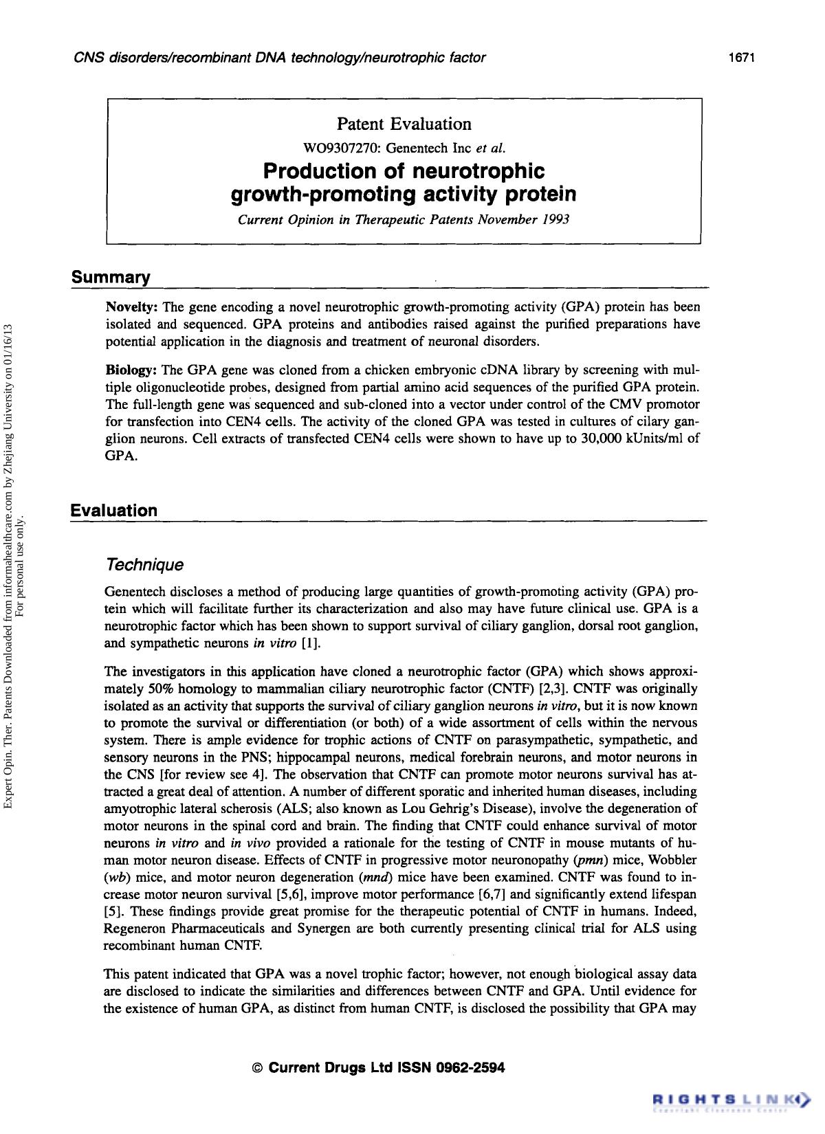 Patent Evaluation: Production of neurotrophic growth-promoting activity protein by Unknown