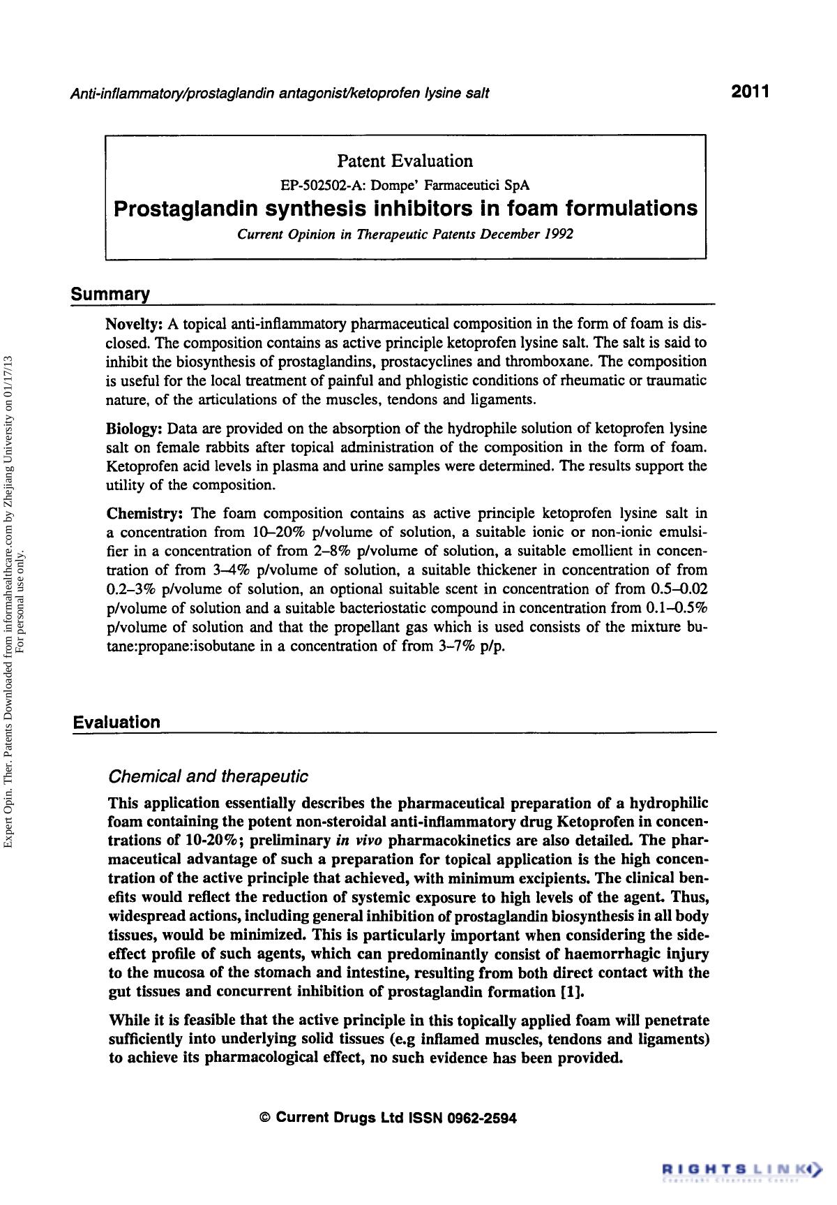 Patent Evaluation: Prostaglandin Synthesis Inhibitors in Foam Formulations by Unknown