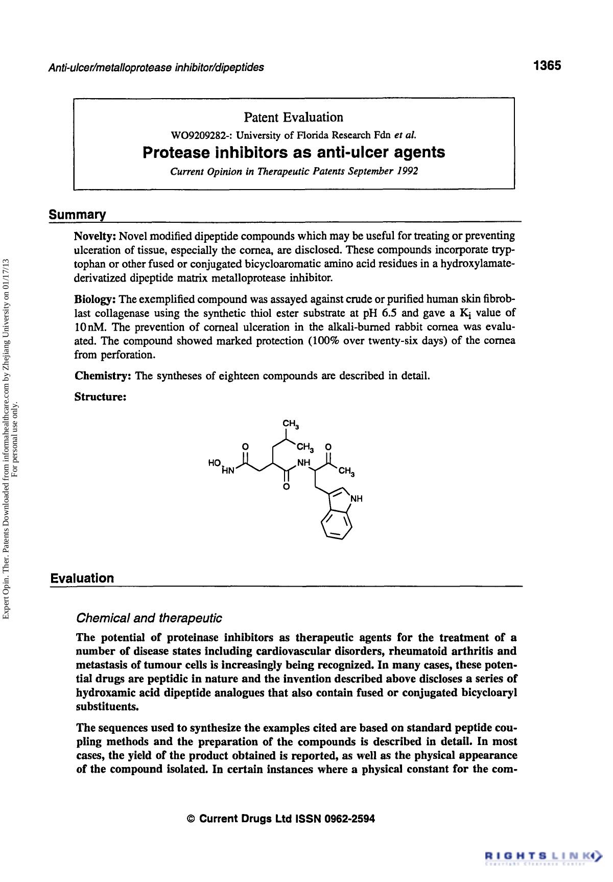 Patent Evaluation: Protease Inhibitors as Anti-Ulcer Agents by Unknown