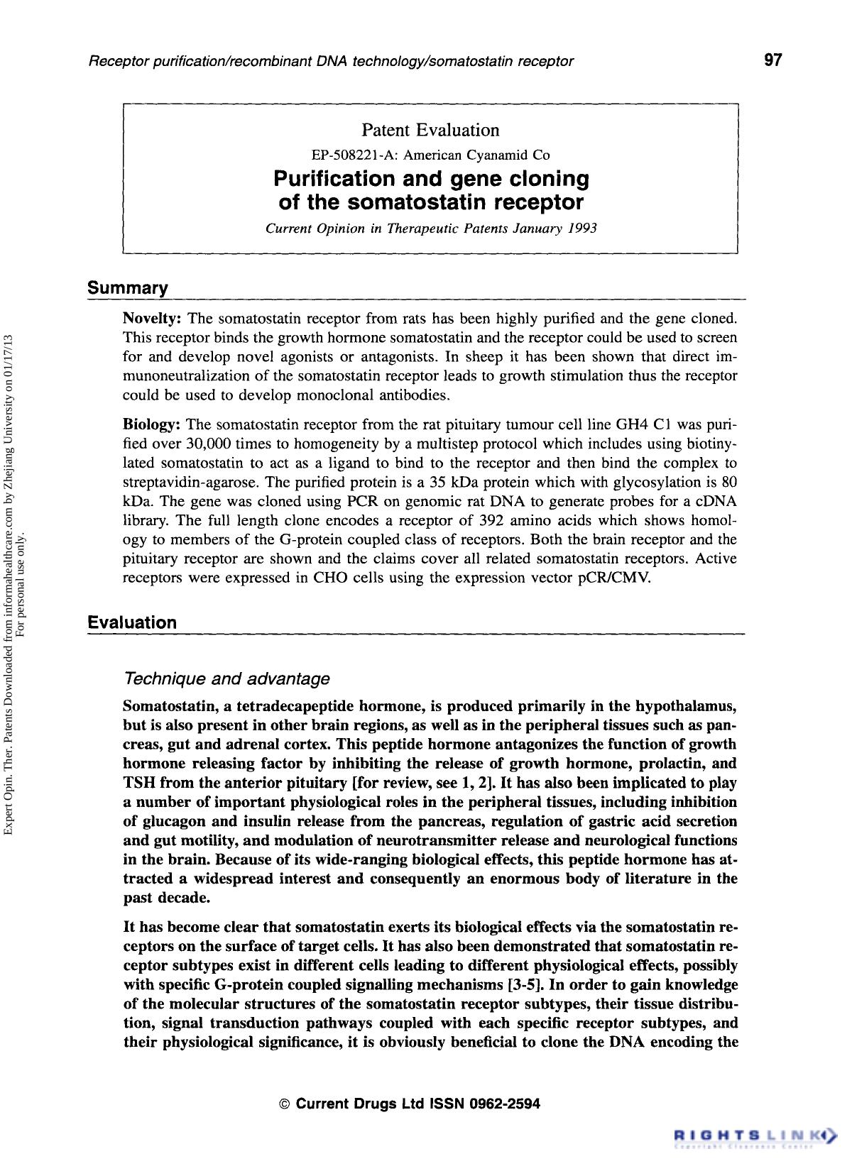Patent Evaluation: Purification and gene cloning of the somatostatin receptor by Unknown