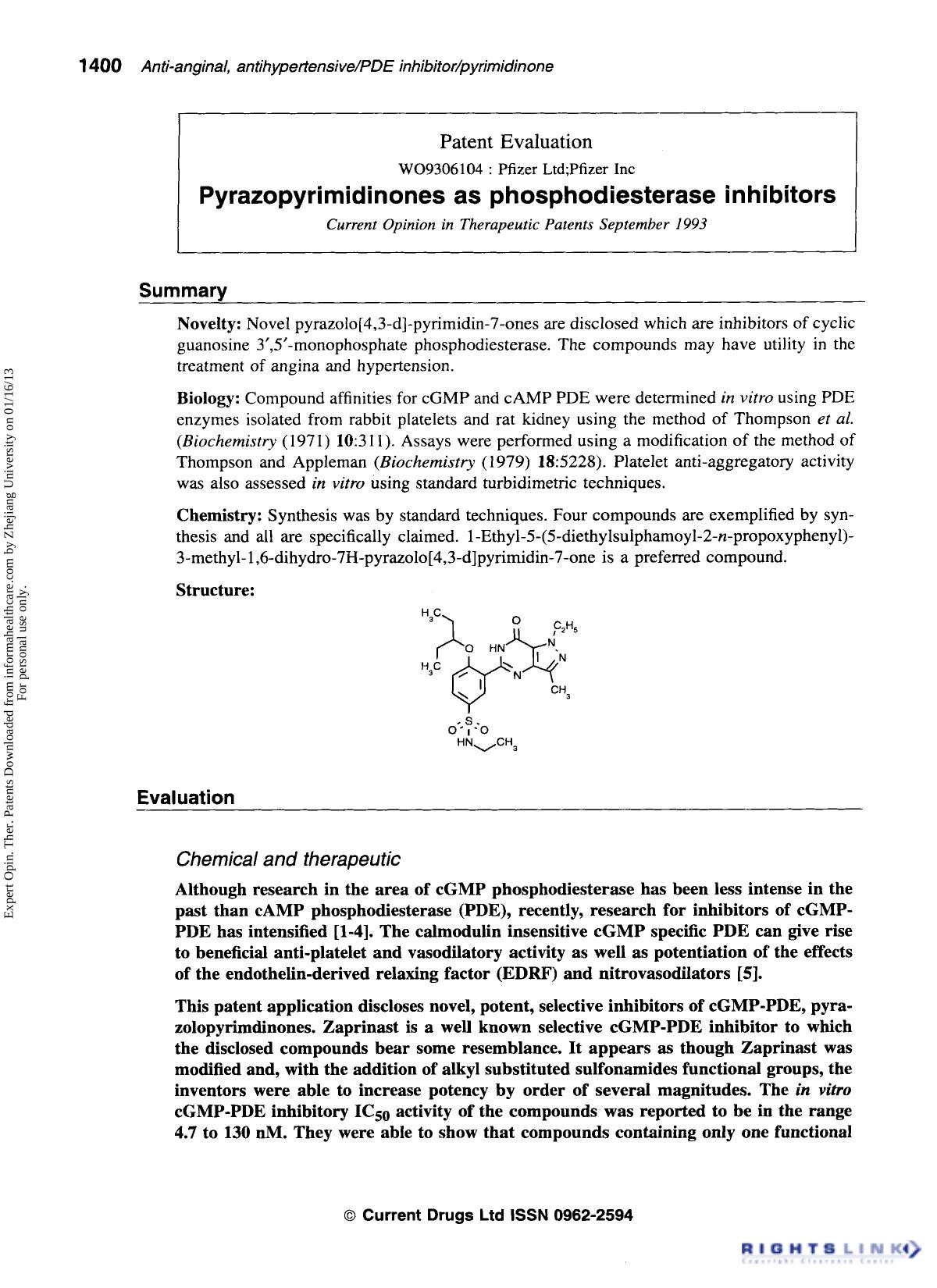 Patent Evaluation: Pyrazopyrimidinones as phosphodiesterase inhibitors by Unknown