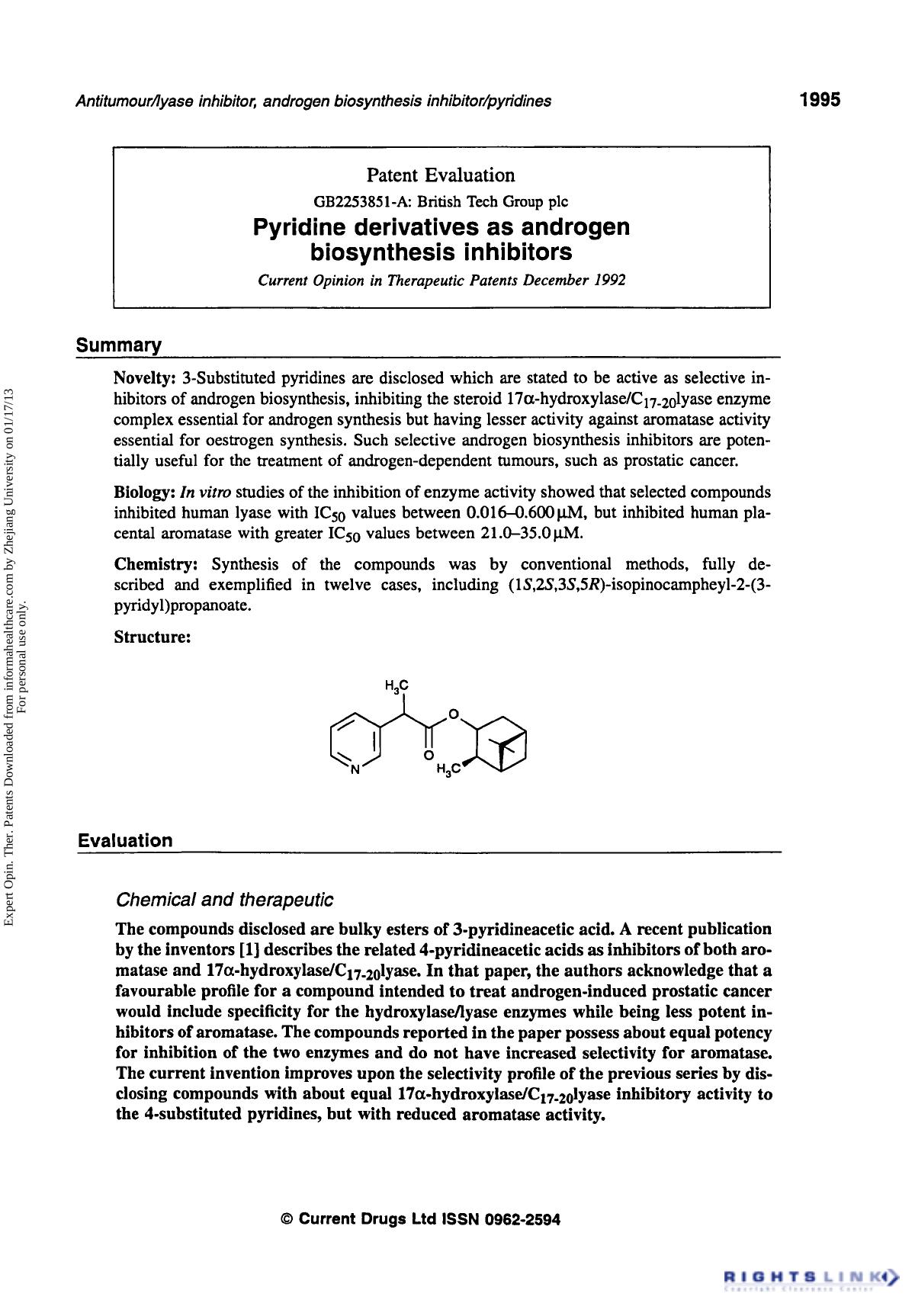 Patent Evaluation: Pyridine Derivatives as Androgen Biosynthesis Inhibitors by Unknown