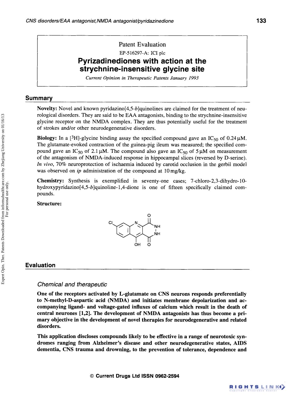 Patent Evaluation: Pyrizadinediones with action at the strychnine-insensitive giycine site by Unknown
