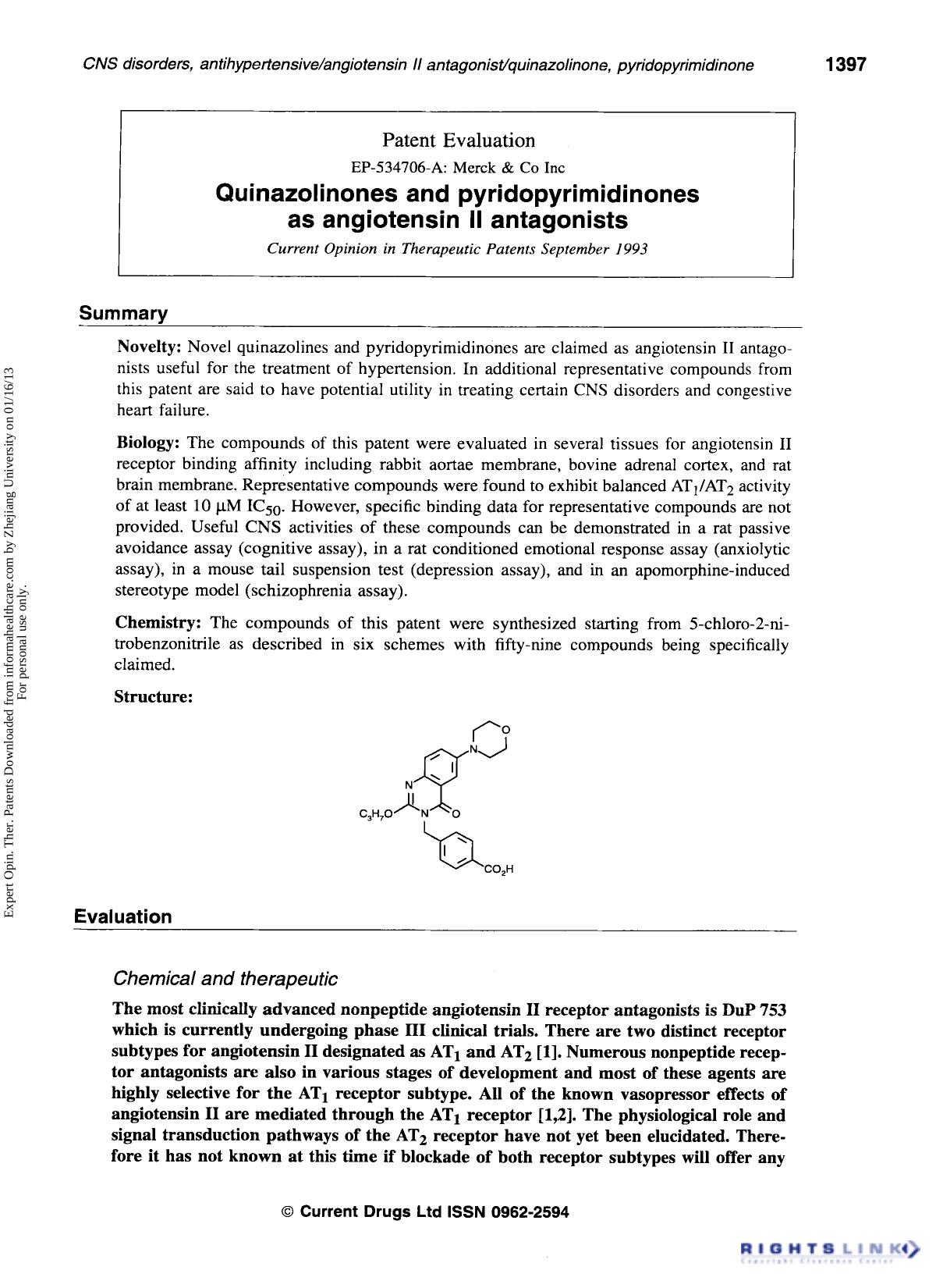 Patent Evaluation: Quinazolinones and pyridopyrimidinones as angiotensin II antagonists by Unknown