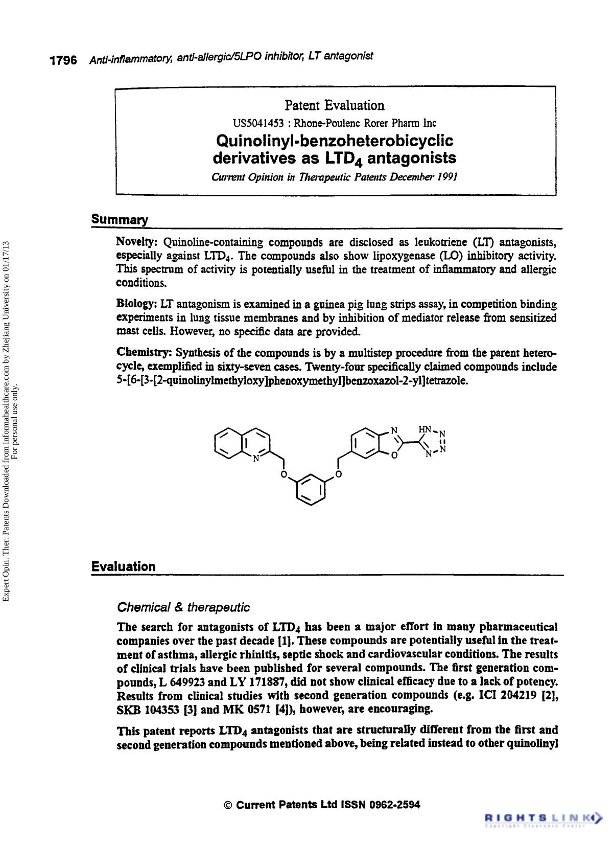 Patent Evaluation: Quinolinyl-Benzoheterobicyclic Derivatives as LTD4 Antagonists by Unknown