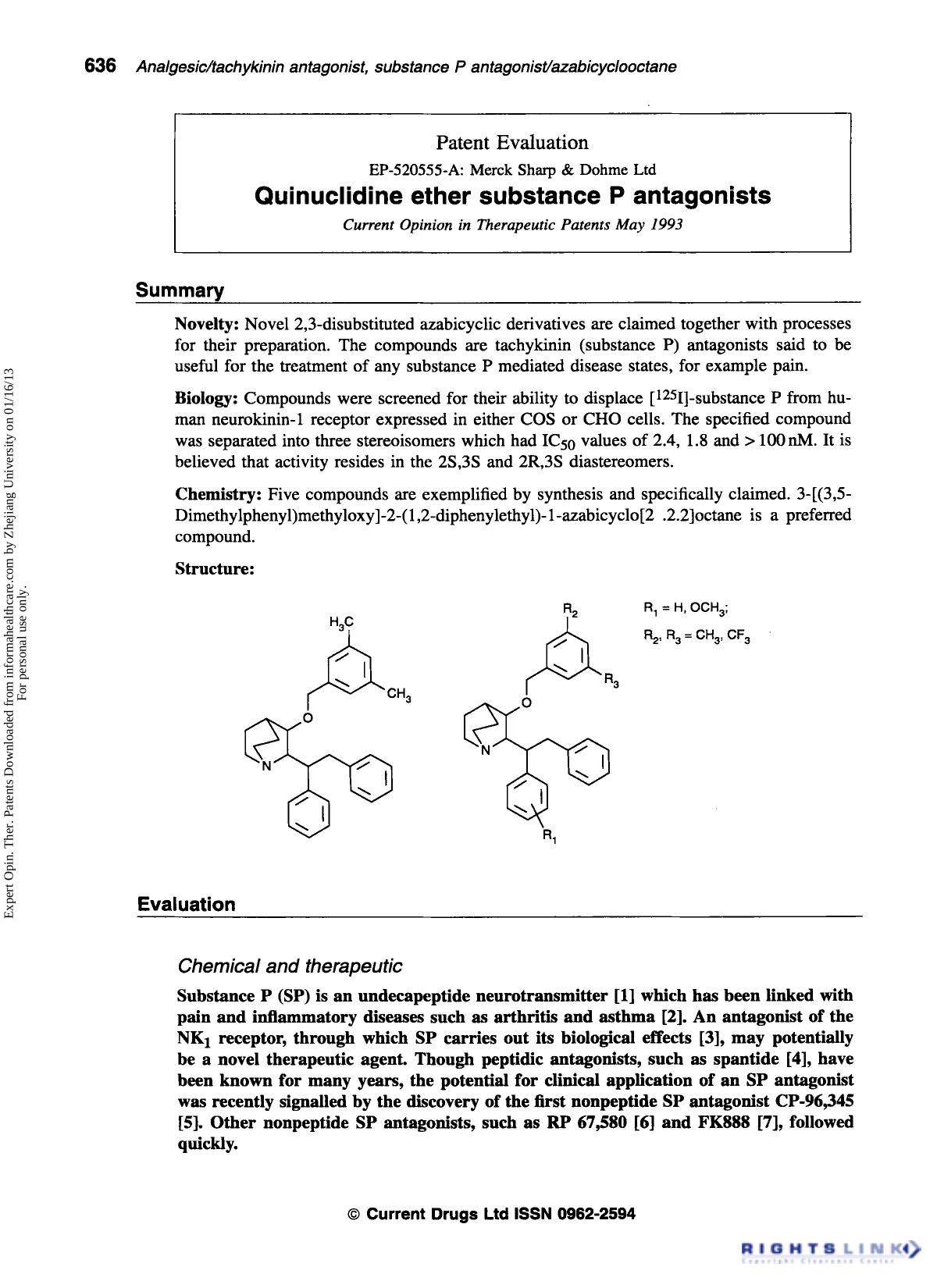 Patent Evaluation: Quinuclidine ether substance P antagonists by Unknown