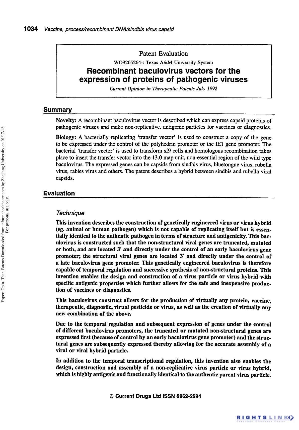 Patent Evaluation: Recombinant Baculovirus Vectors for the Expression of Proteins of Pathogenic Viruses by Unknown