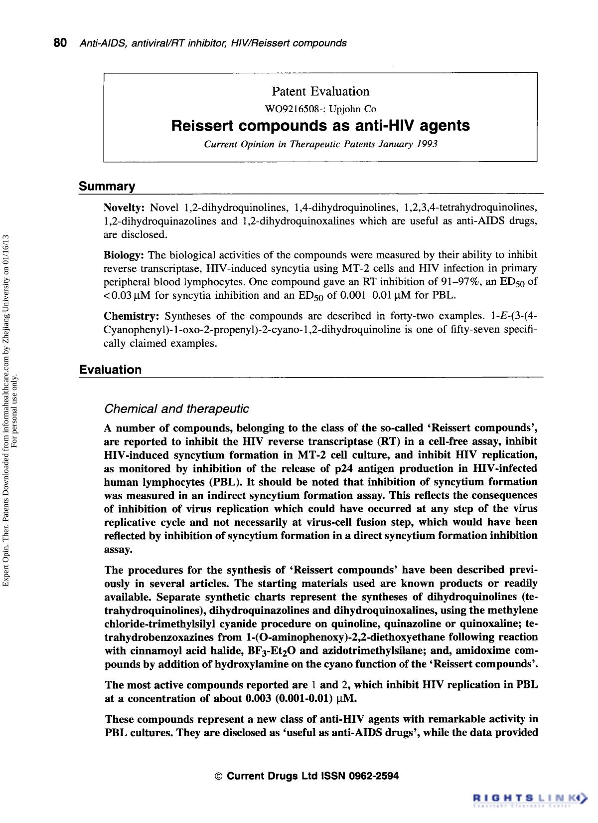 Patent Evaluation: Reissert compounds as anti-HIV agents by Unknown