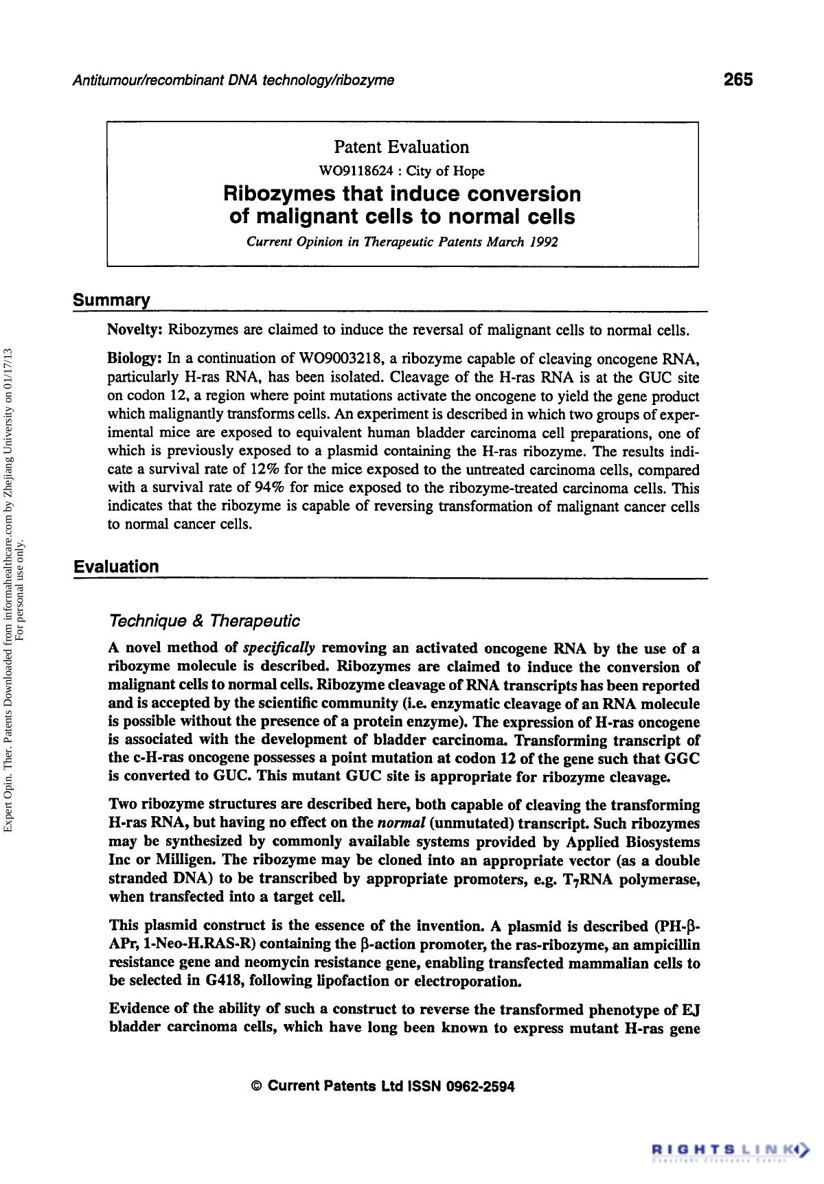 Patent Evaluation: Ribozymes that induce conversion of malignant ceils to normal cells by Unknown