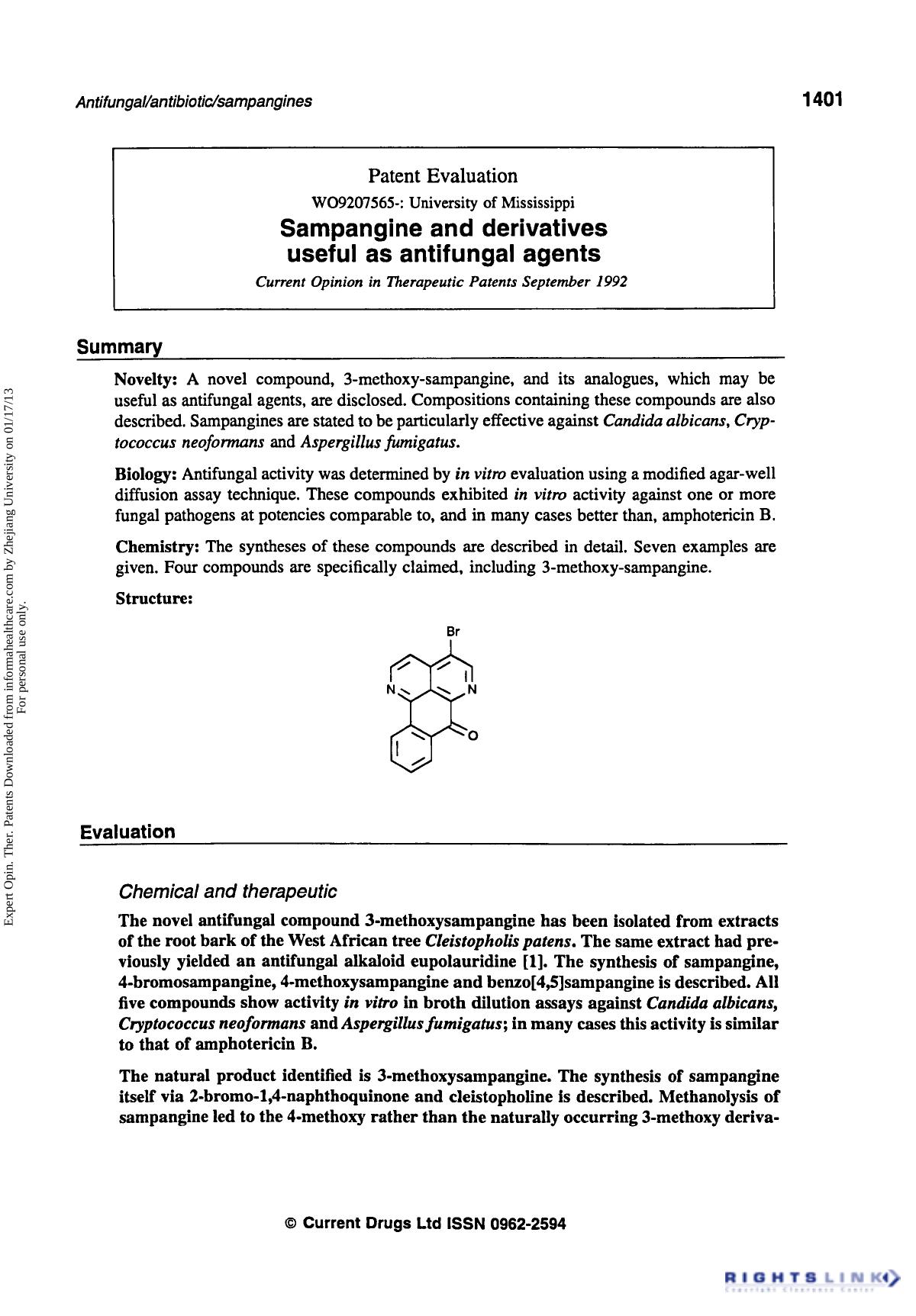 Patent Evaluation: Sampangine and Derivatives Useful as Antifungal Agents by Unknown