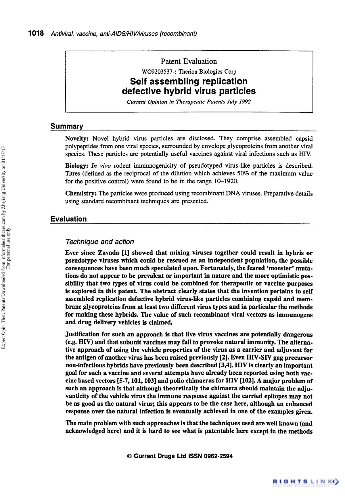Patent Evaluation: Self Assembling Replication Defective Hybrid Virus Particles by Unknown