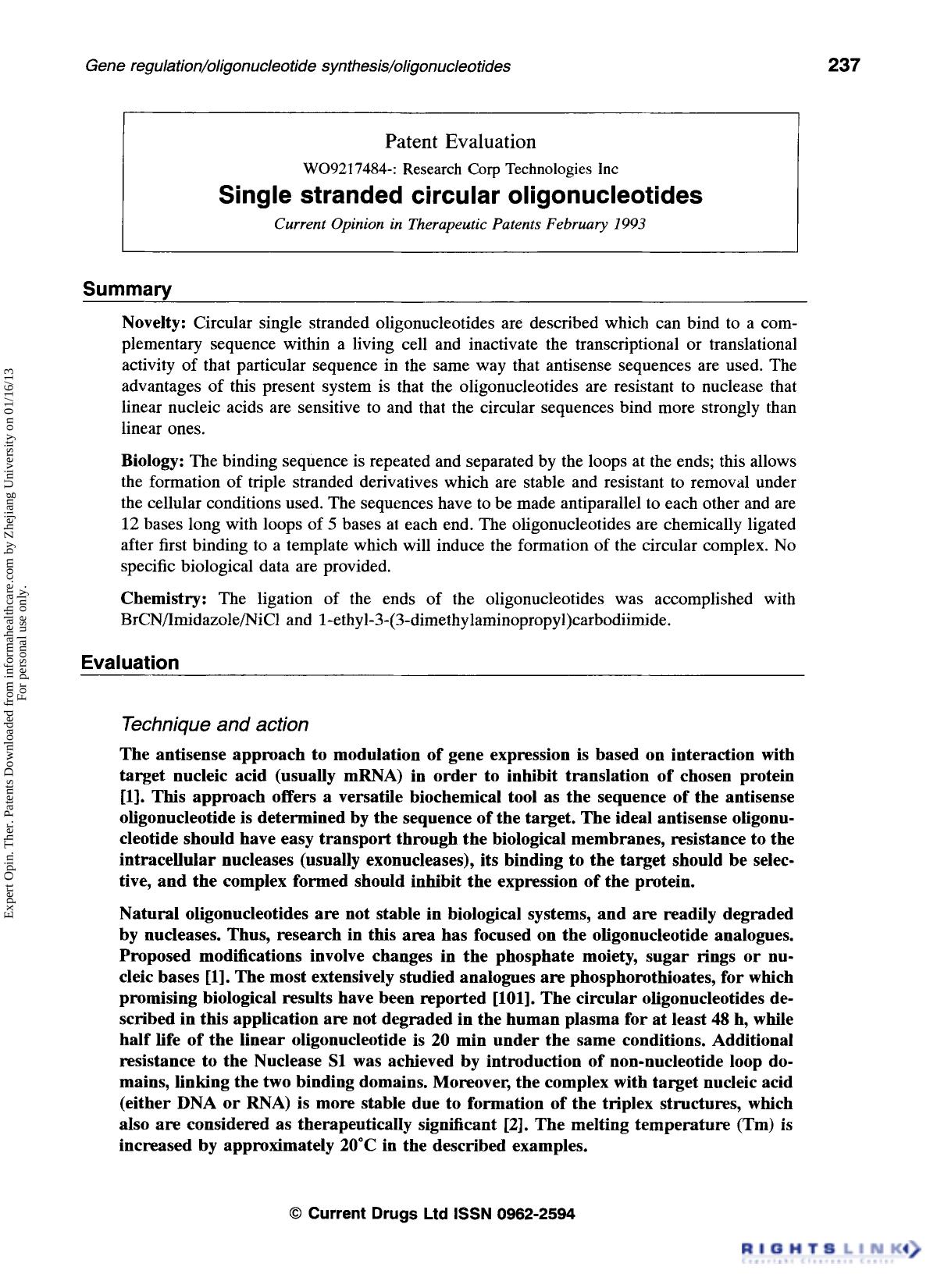 Patent Evaluation: Single stranded circular oligonucleotides by Unknown