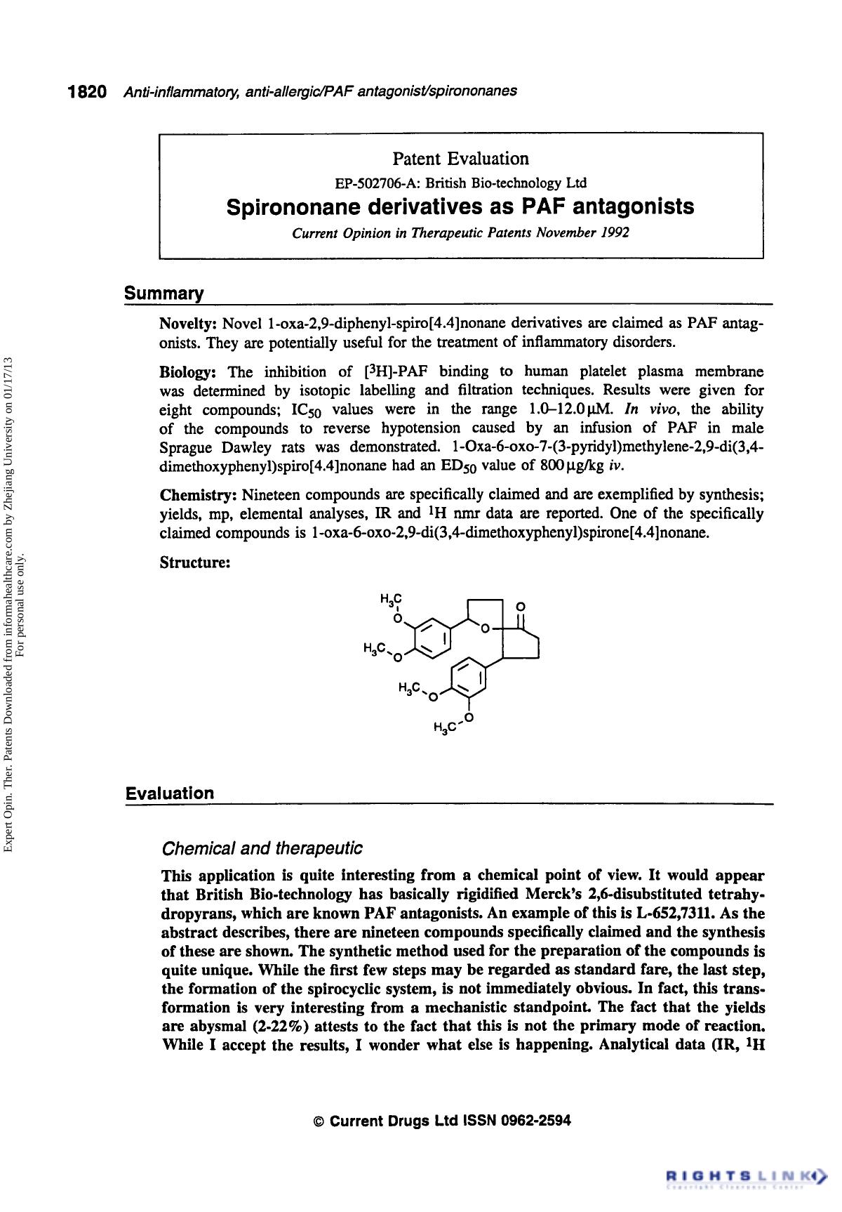 Patent Evaluation: Spirononane Derivatives as PAF Antagonists by Unknown