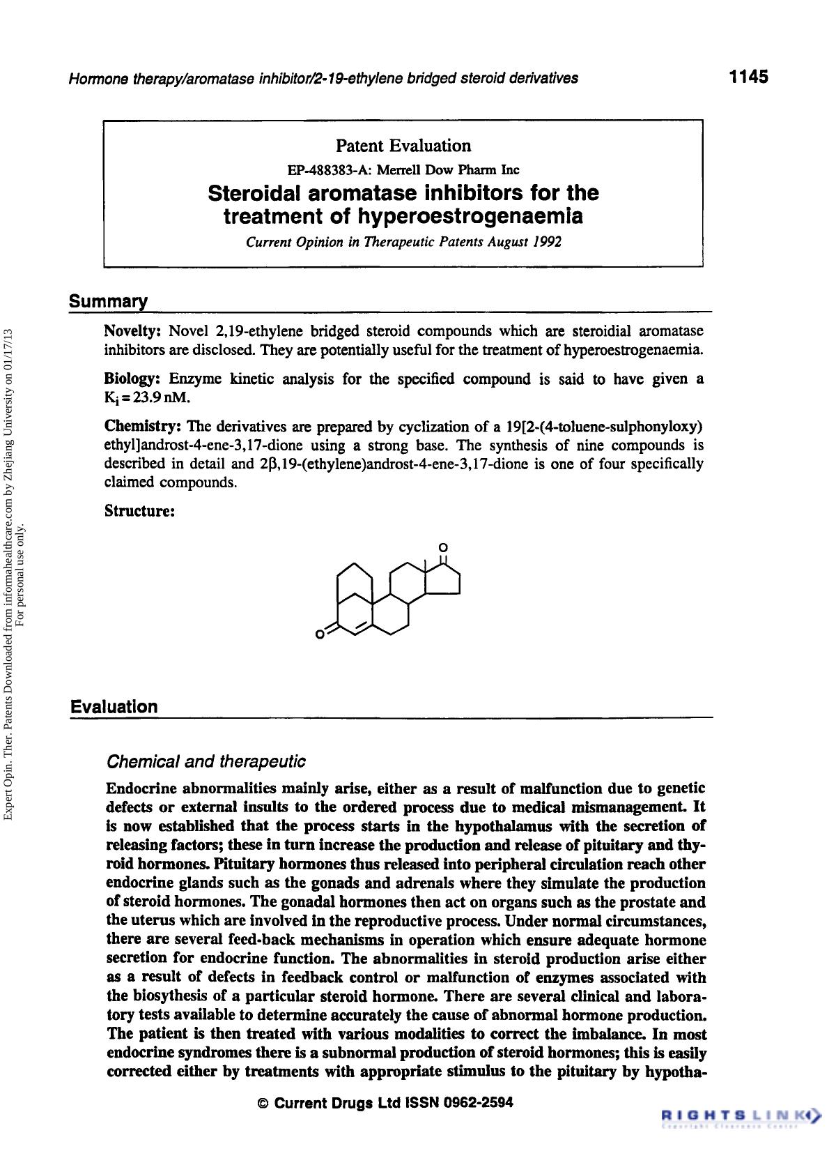 Patent Evaluation: Steroidal Aromatase Inhibitors for the Treatment of Hyperoestrogenaemia by Unknown