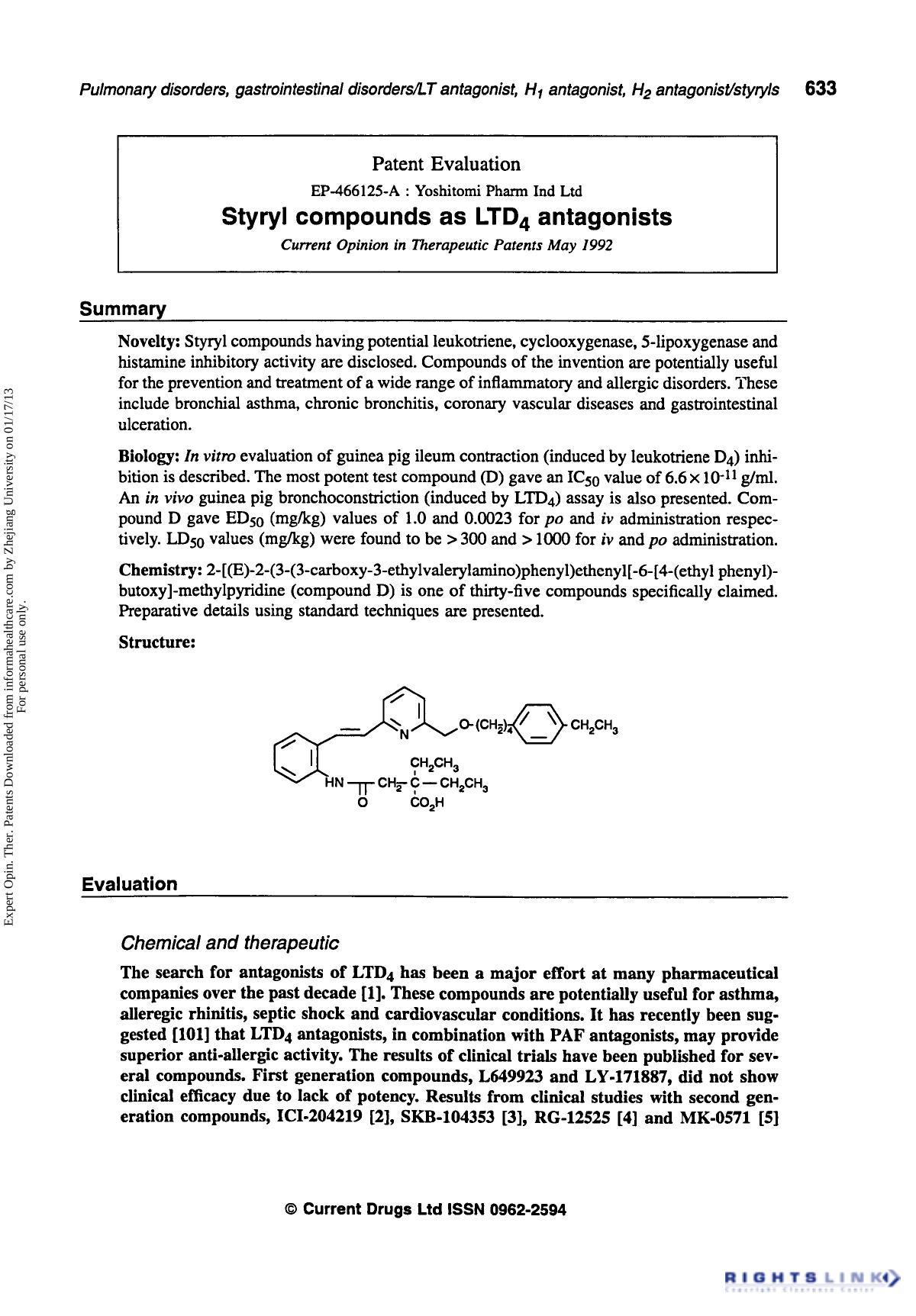 Patent Evaluation: Styryl Compounds as LTD4 Antagonists by Unknown