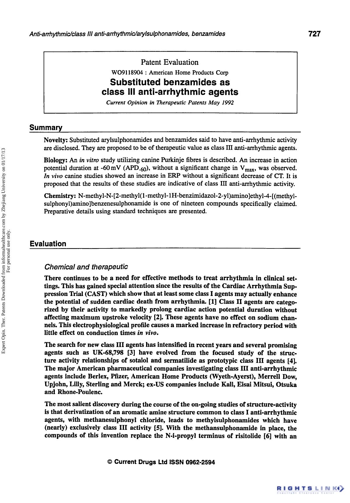 Patent Evaluation: Substituted Benzamides as Class III Anti-Arrhythmic Agents by Unknown