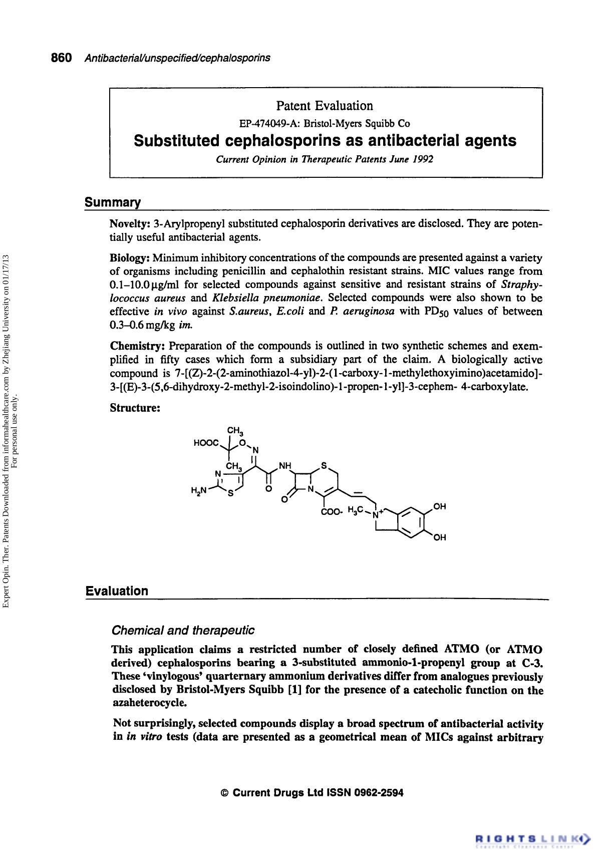 Patent Evaluation: Substituted Cephalosporins as Antibacterial Agents by Unknown