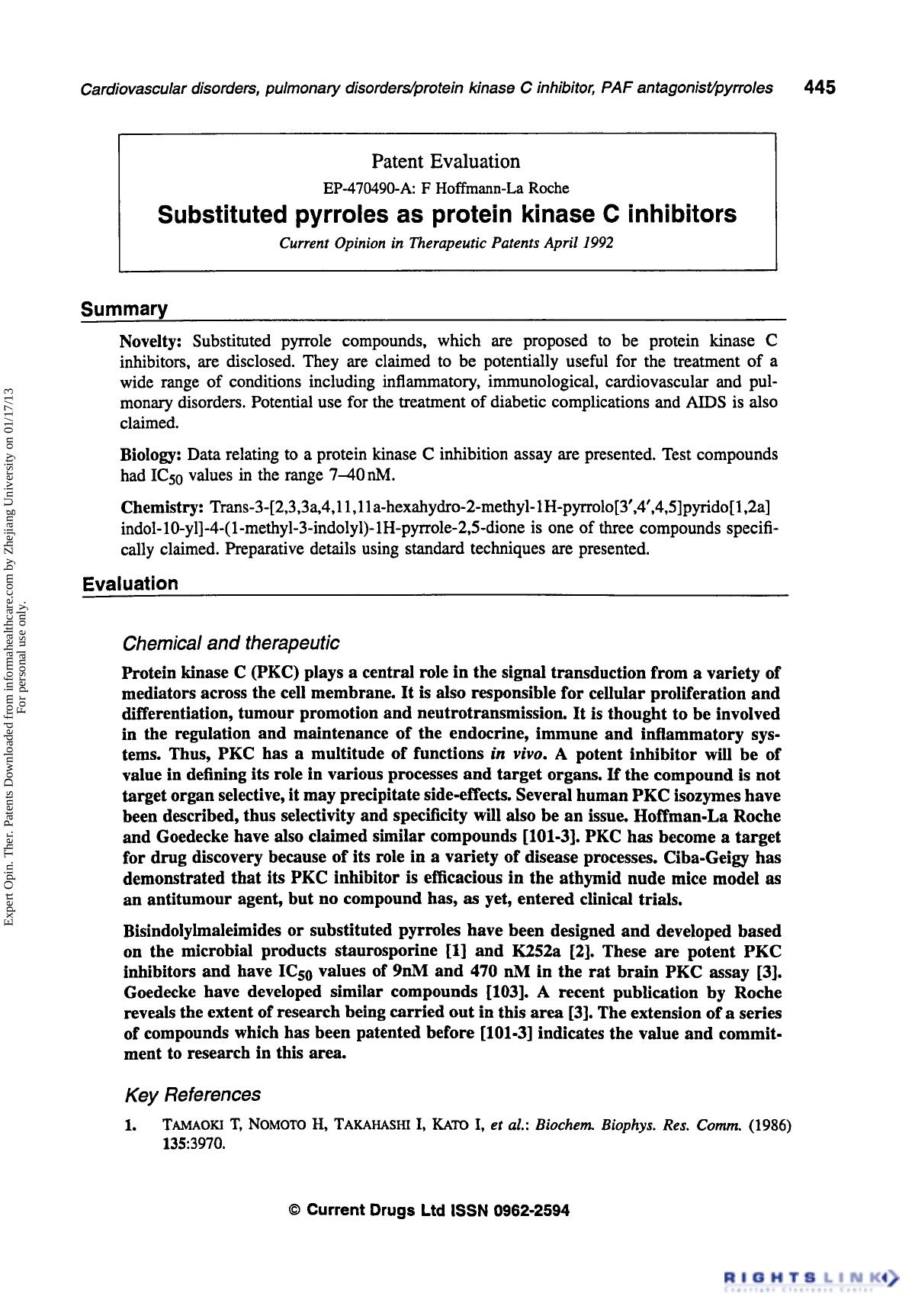 Patent Evaluation: Substituted Pyrroles as Protein Kinase C Inhibitors by Unknown