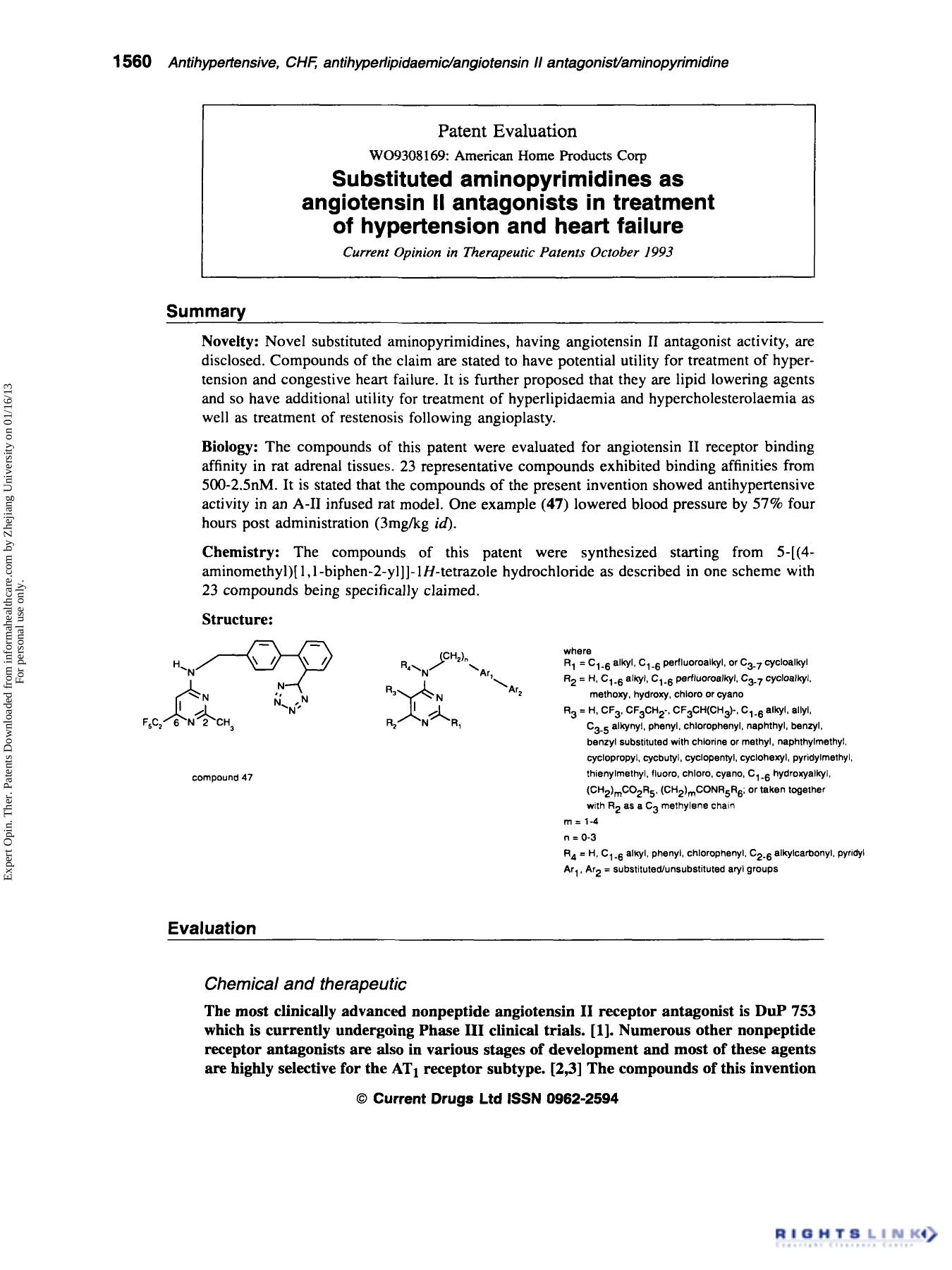 Patent Evaluation: Substituted aminopyrimidines as angiotensin II antagonists in treatment of hypertension and heart failure by Unknown