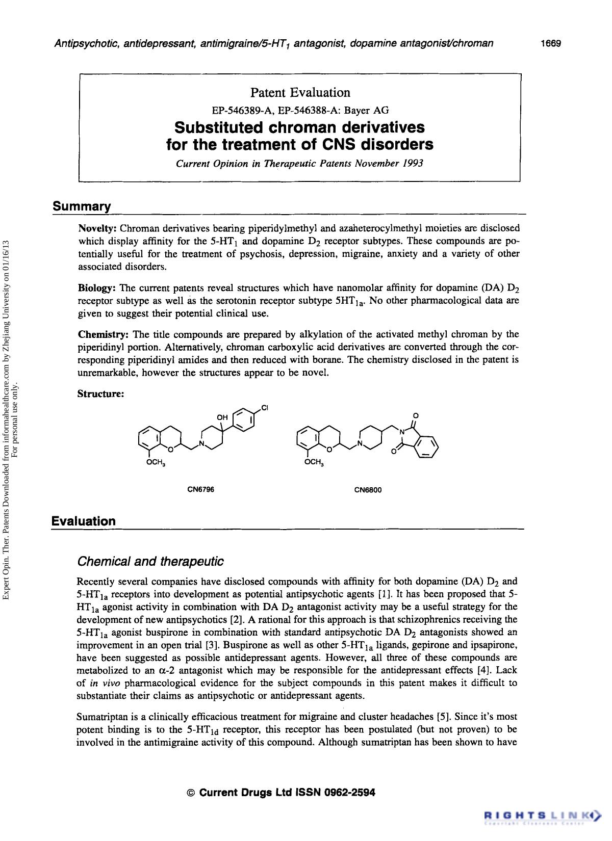 Patent Evaluation: Substituted chroman derivatives for the treatment of CNS disorders by Unknown