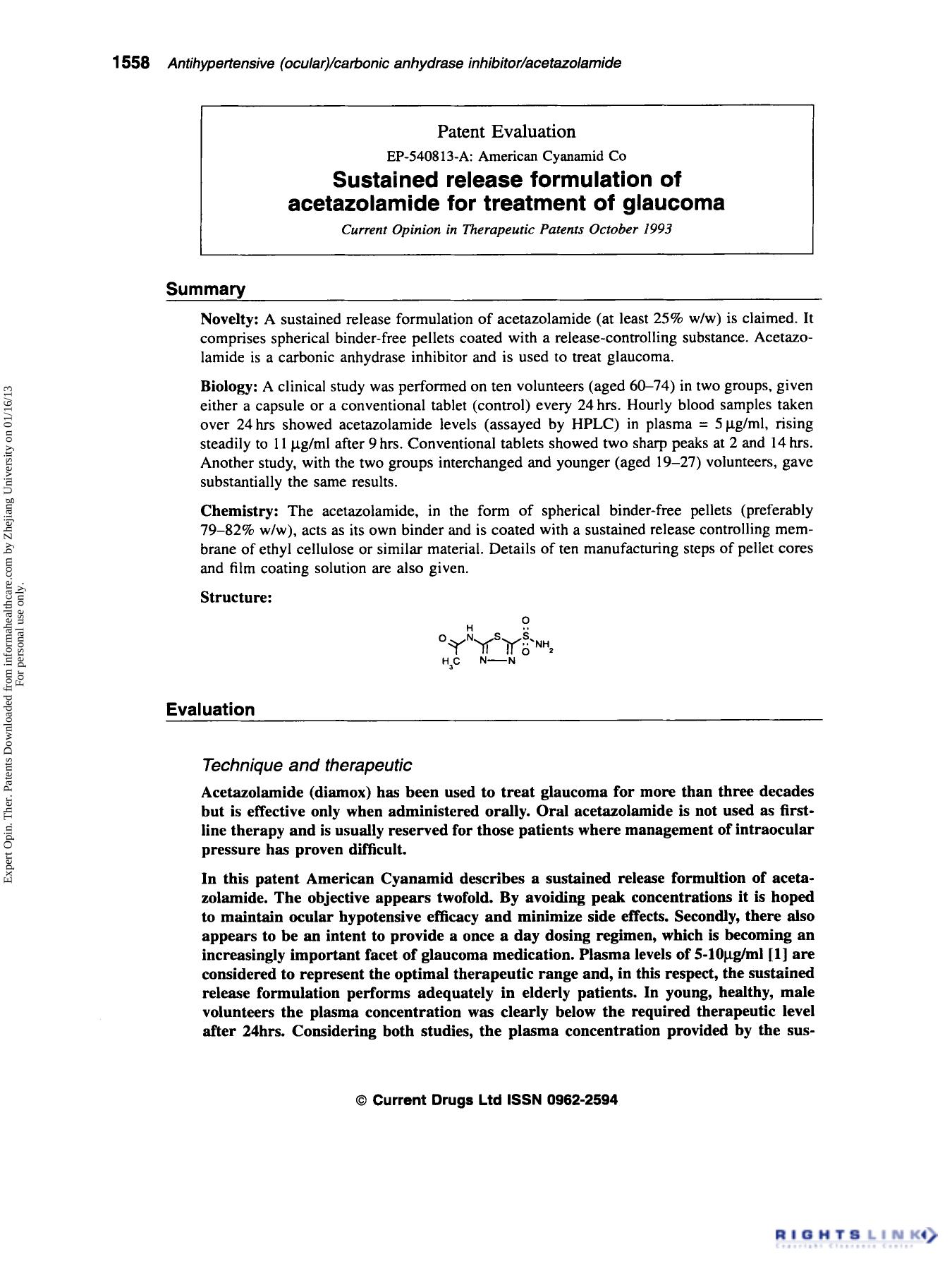 Patent Evaluation: Sustained release formulation of acetazolamide for treatment of glaucoma by Unknown