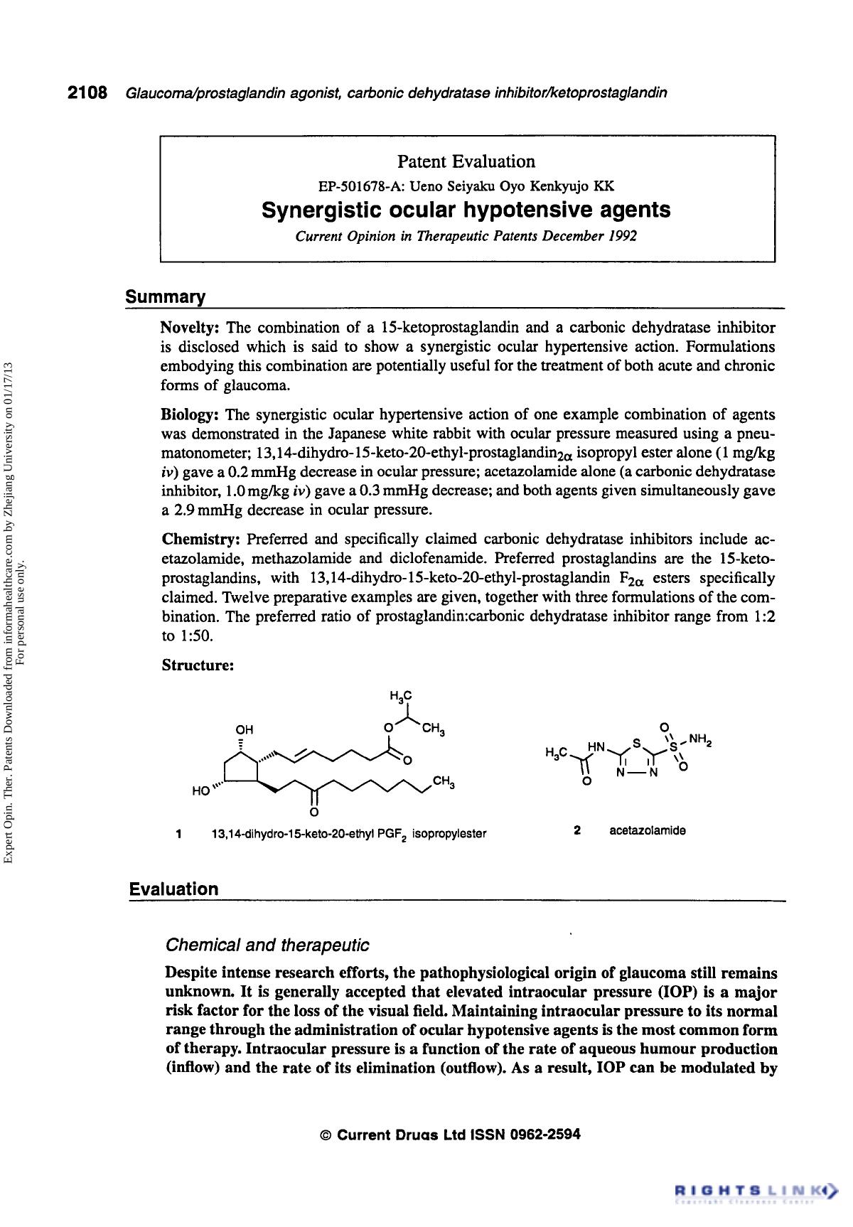 Patent Evaluation: Synergistic Ocular Hypotensive Agents by Unknown