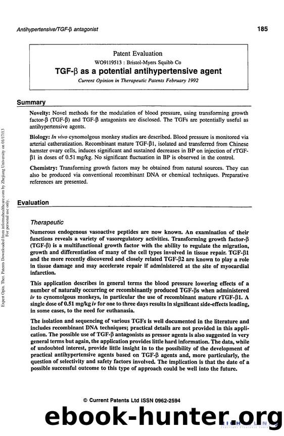 Patent Evaluation: TGF-Î² as a potential antihypertensive agent by Unknown