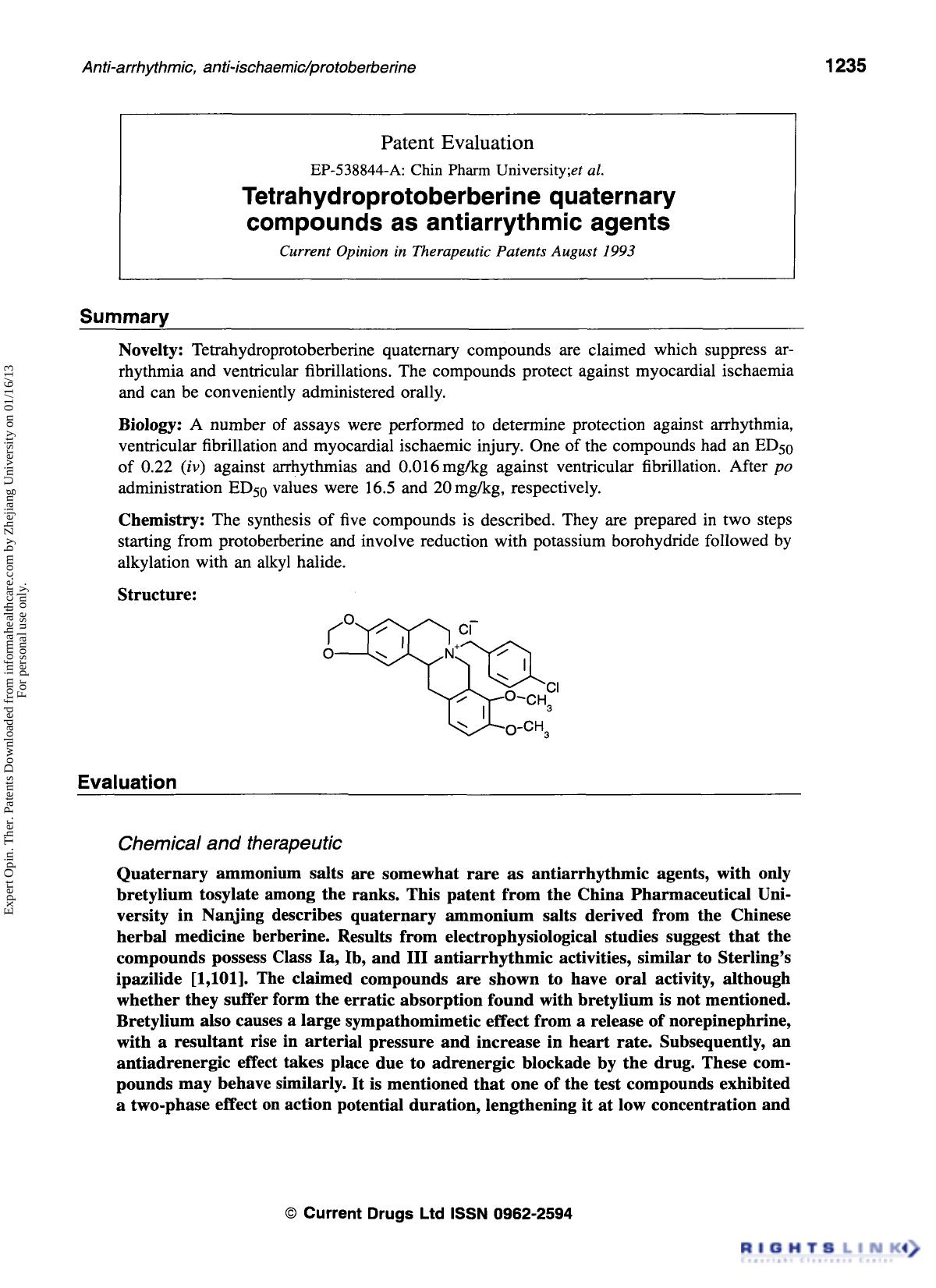 Patent Evaluation: Tetrahydroprotoberberine quaternary compounds as antiarrythmic agents by Unknown