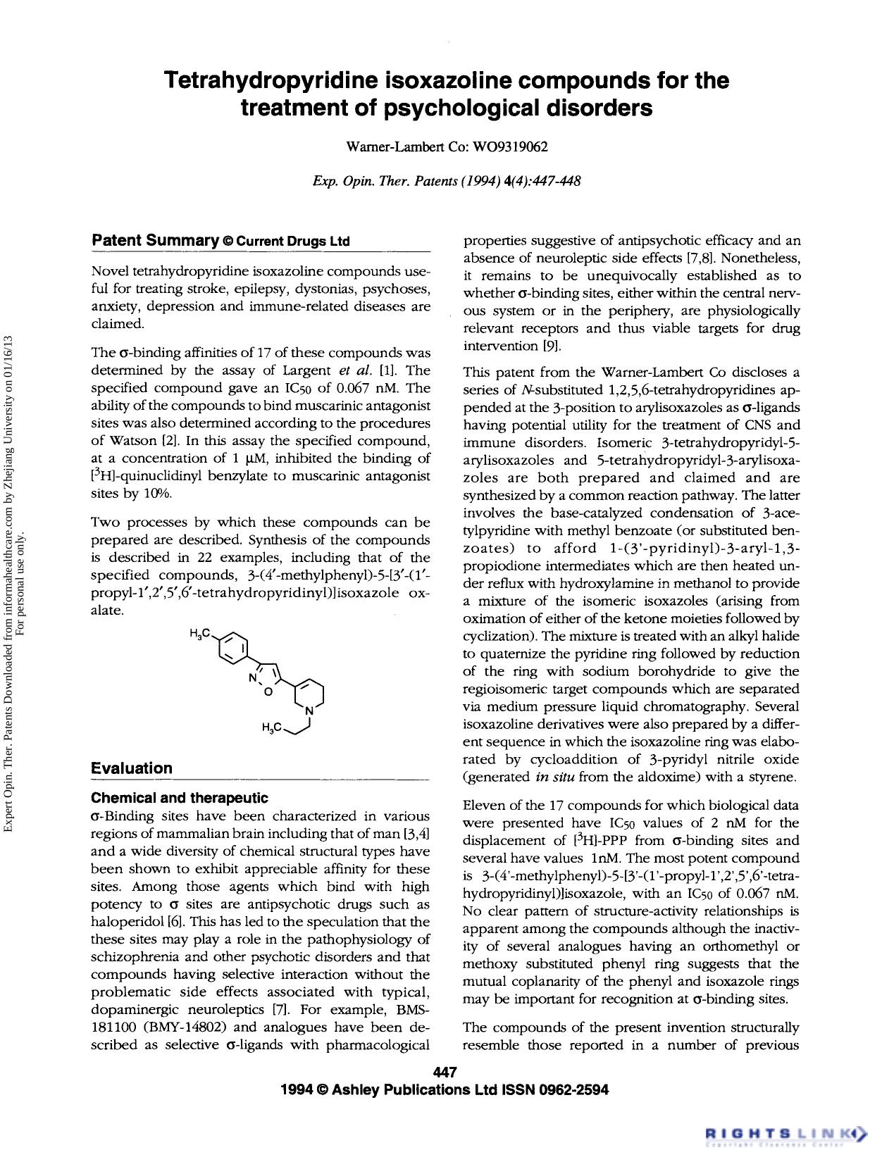 Patent Evaluation: Tetrahydropyridine isoxazoline compounds for the treatment of psychological disorders by Unknown