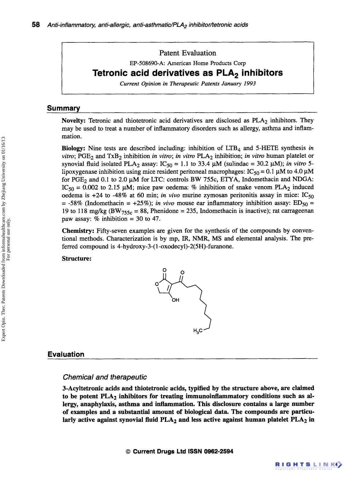 Patent Evaluation: Tetronic acid derivatives as PLA2 inhibitors by Unknown