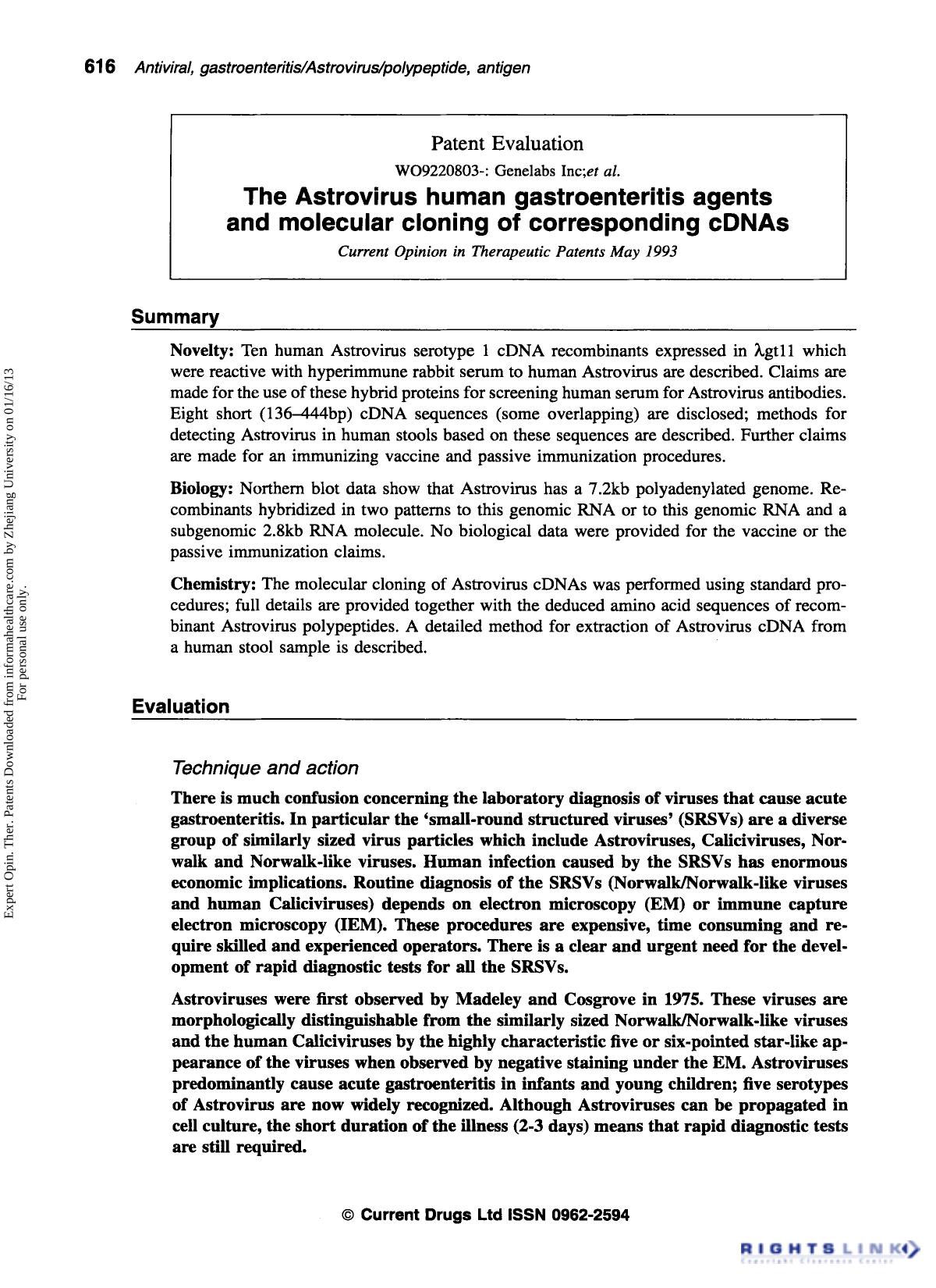 Patent Evaluation: The Astrovirus human gastroenteritis agents and molecular cloning of corresponding cDNAs by Unknown