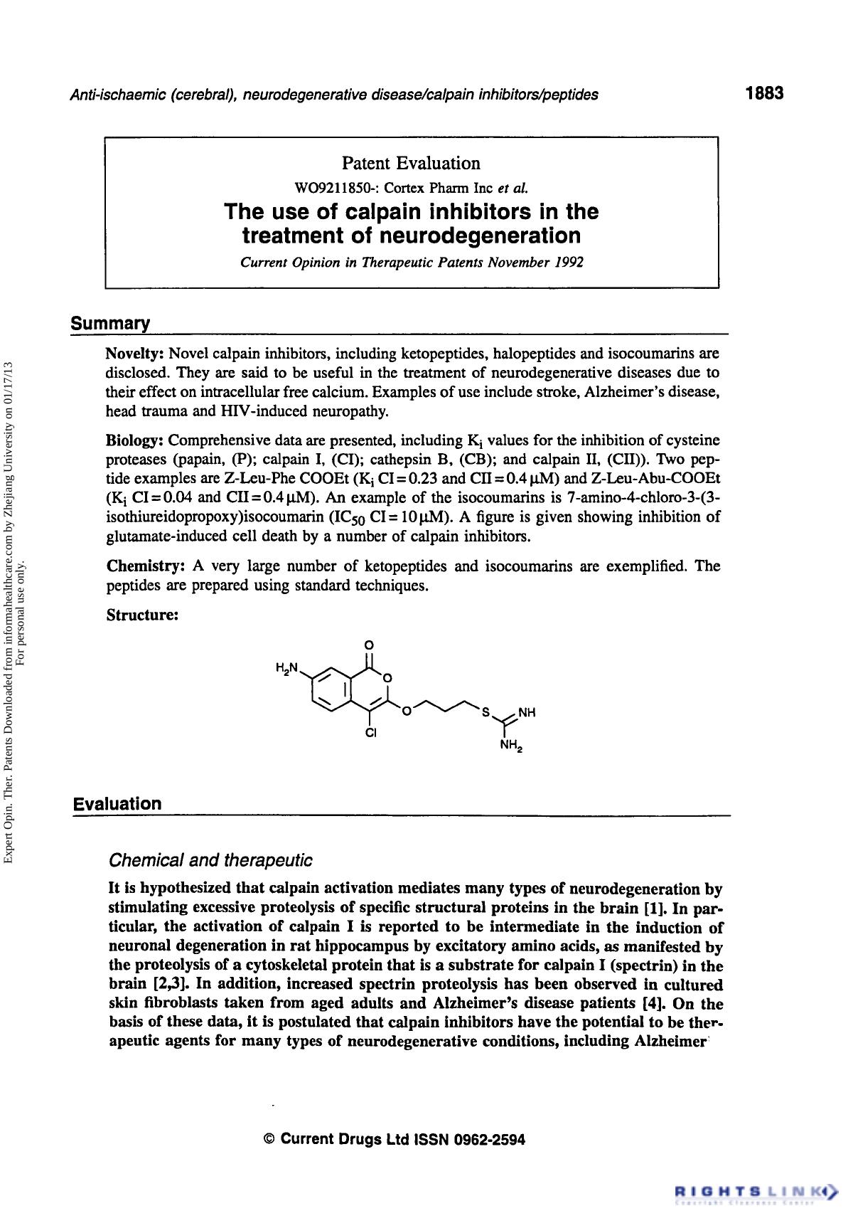 Patent Evaluation: The Use of Calpain Inhibitors in the Treatment of Neurodegeneration by Unknown