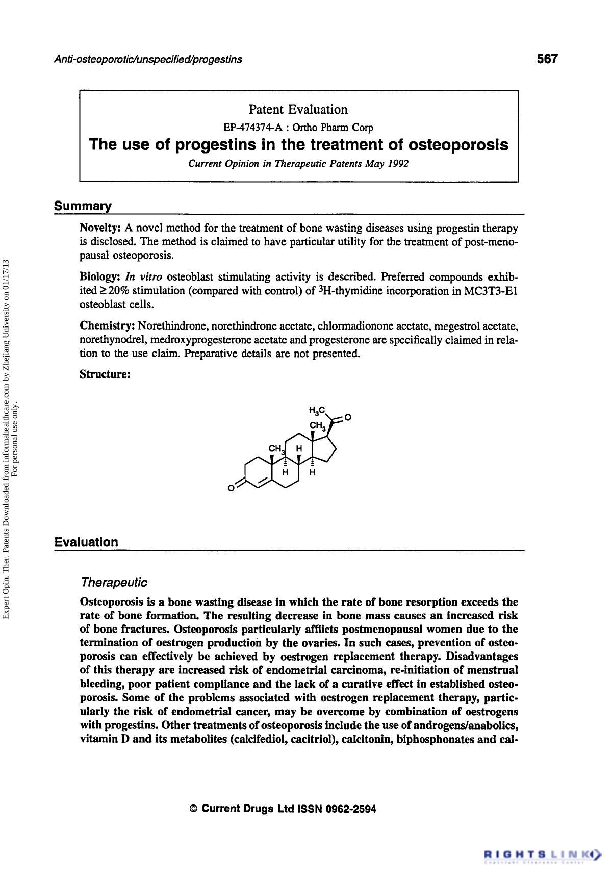 Patent Evaluation: The Use of Progestins in the Treatment of Osteoporosis by Unknown