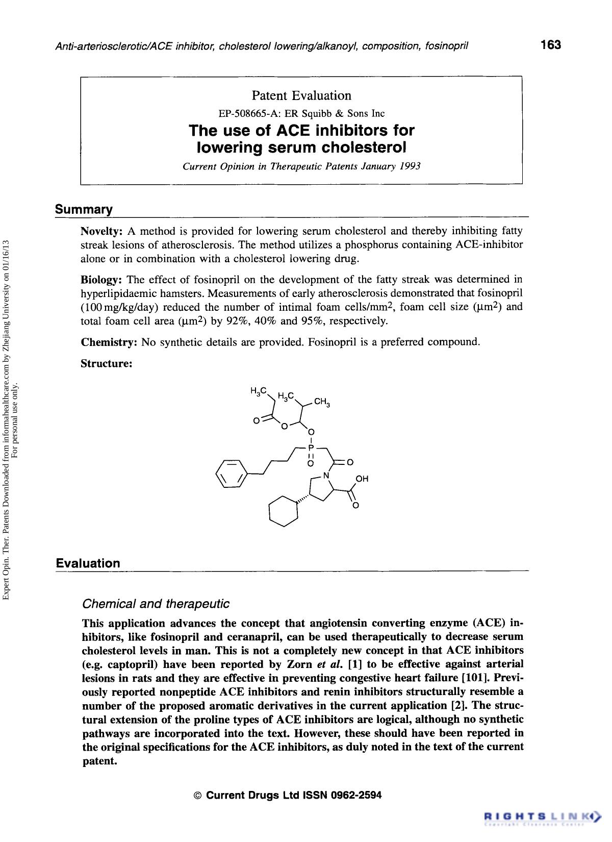 Patent Evaluation: The use of ACE inhibitors for lowering serum cholesterol by Unknown