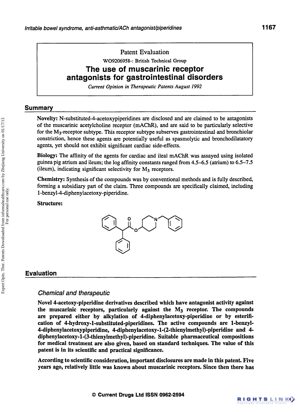 Patent Evaluation: The use of Muscarinic Receptor Antagonists for Gastrointestinal Disorders by Unknown