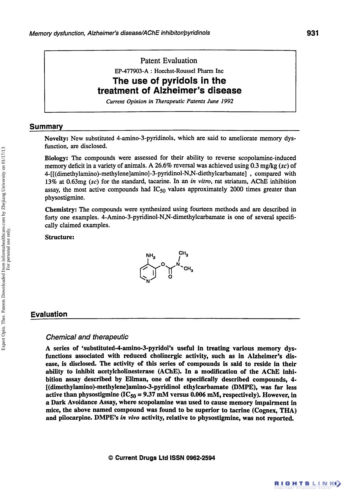 Patent Evaluation: The use of Pyridols in the Treatment of Alzheimer's Disease by Unknown