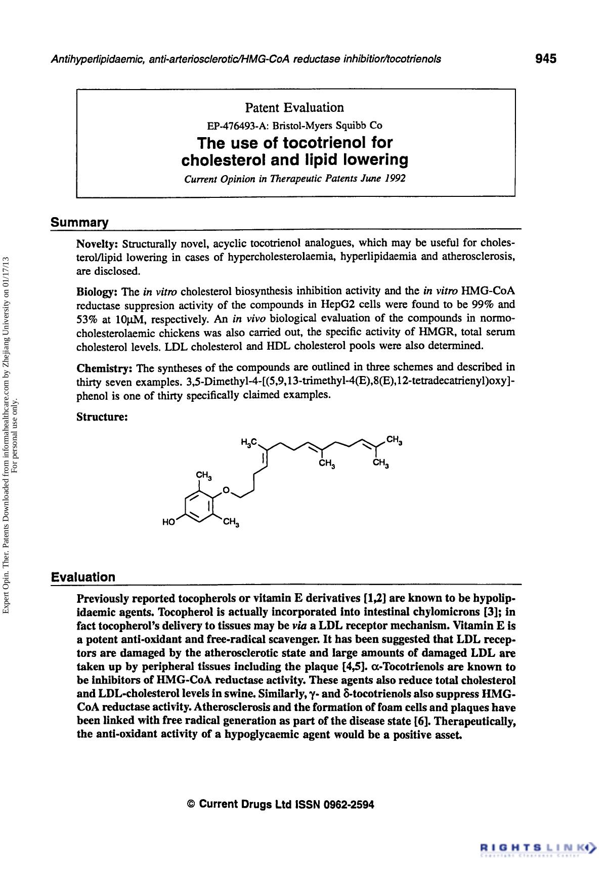 Patent Evaluation: The use of Tocotrienol for Cholesterol and Lipid Lowering by Unknown