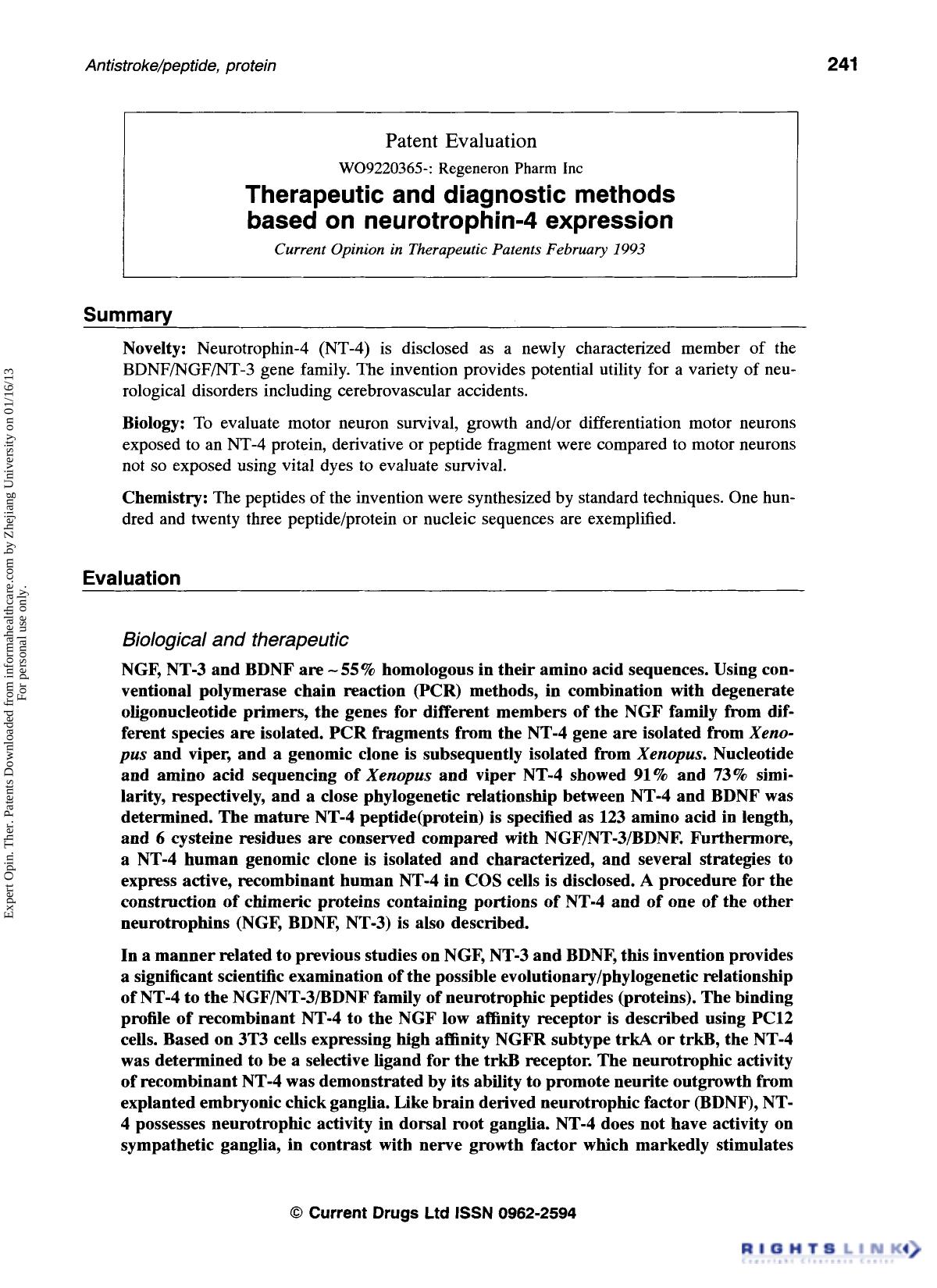 Patent Evaluation: Therapeutic and diagnostic methods based on neurotrophin-4 expression by Unknown