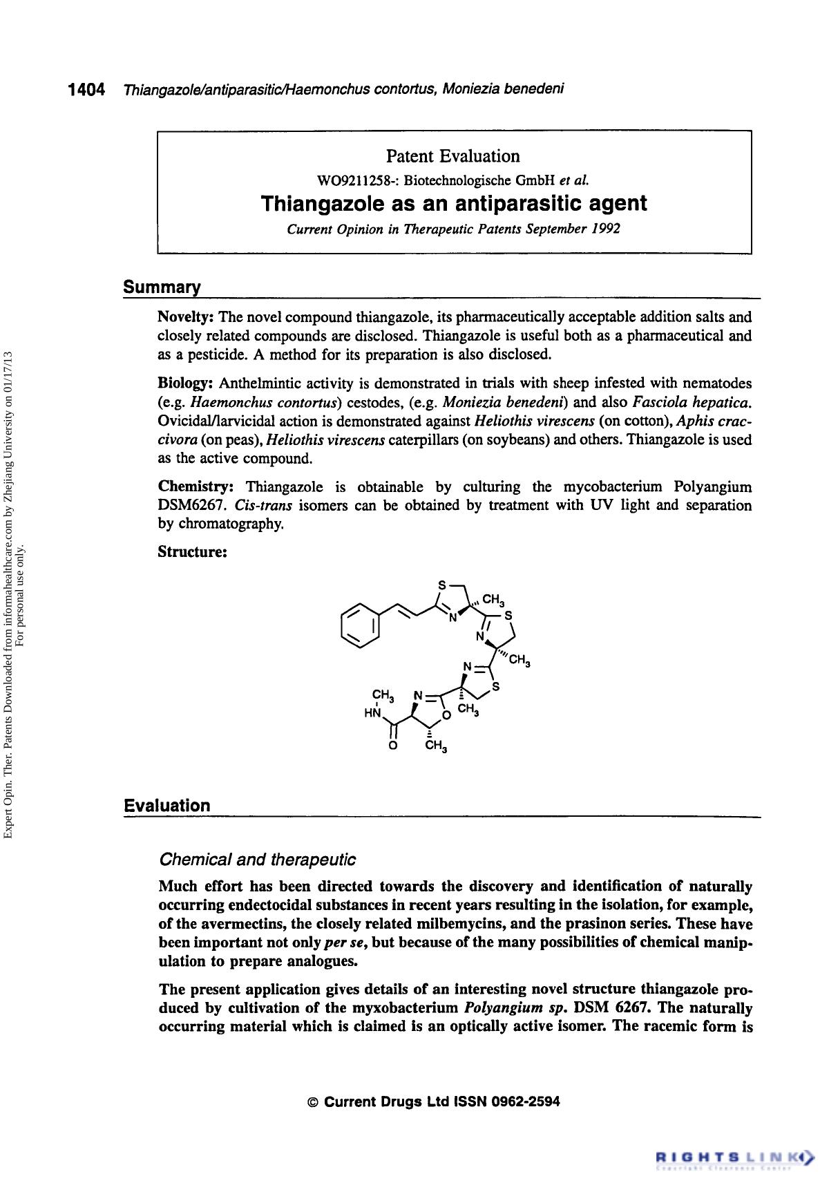Patent Evaluation: Thiangazole as an Antiparasitic Agent by Unknown